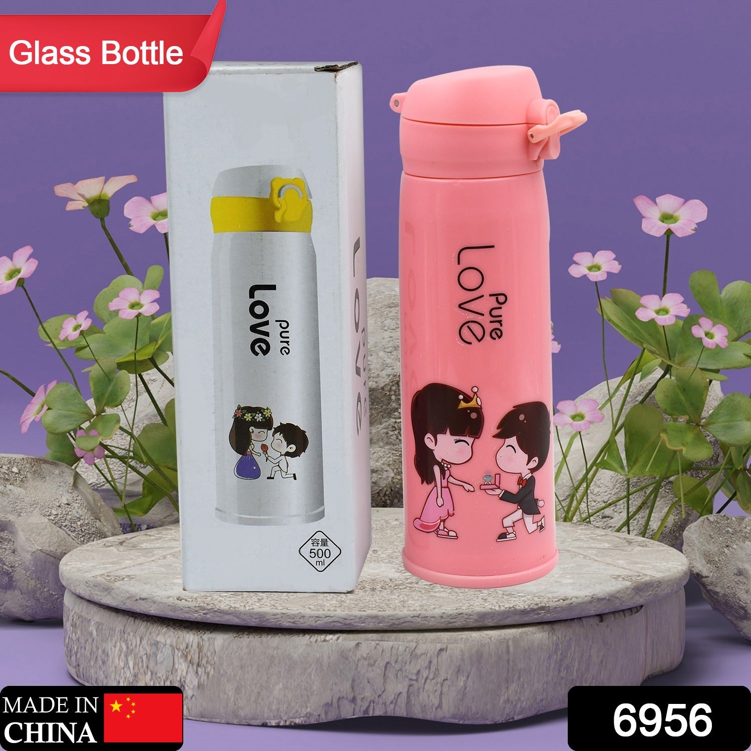 Pure Love outdoor sport water bottle 500ml leak proof BPA-free for travel cold and hot water glass water bottle with daily water intake for gym and children, Fridge, for Home, Office, School (MOQ :- 80 Pc) - Bhavnagar Deodap