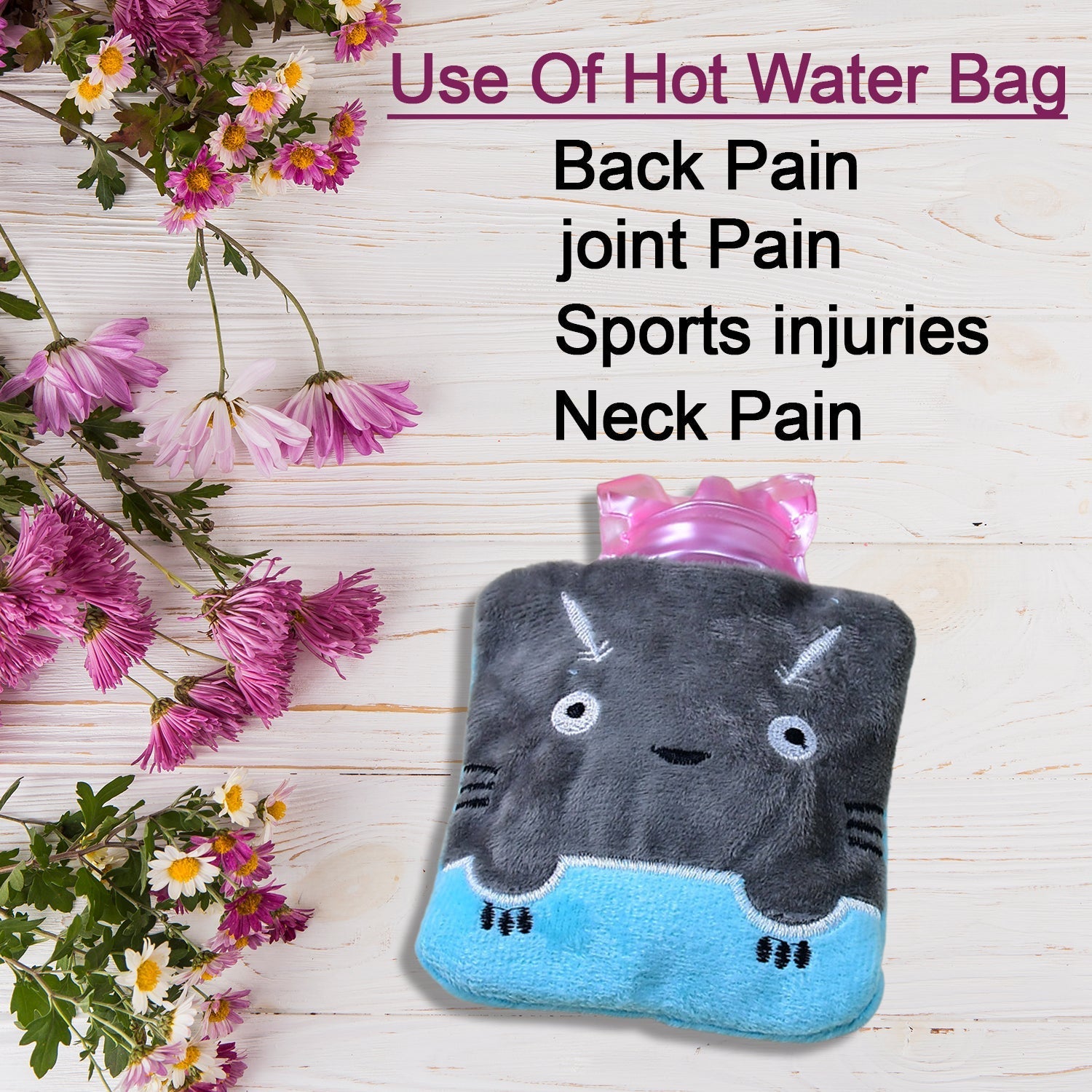 Grey Cat Print Small Hot Water Bag with Cover for Pain Relief - Bhavnagar Deodap