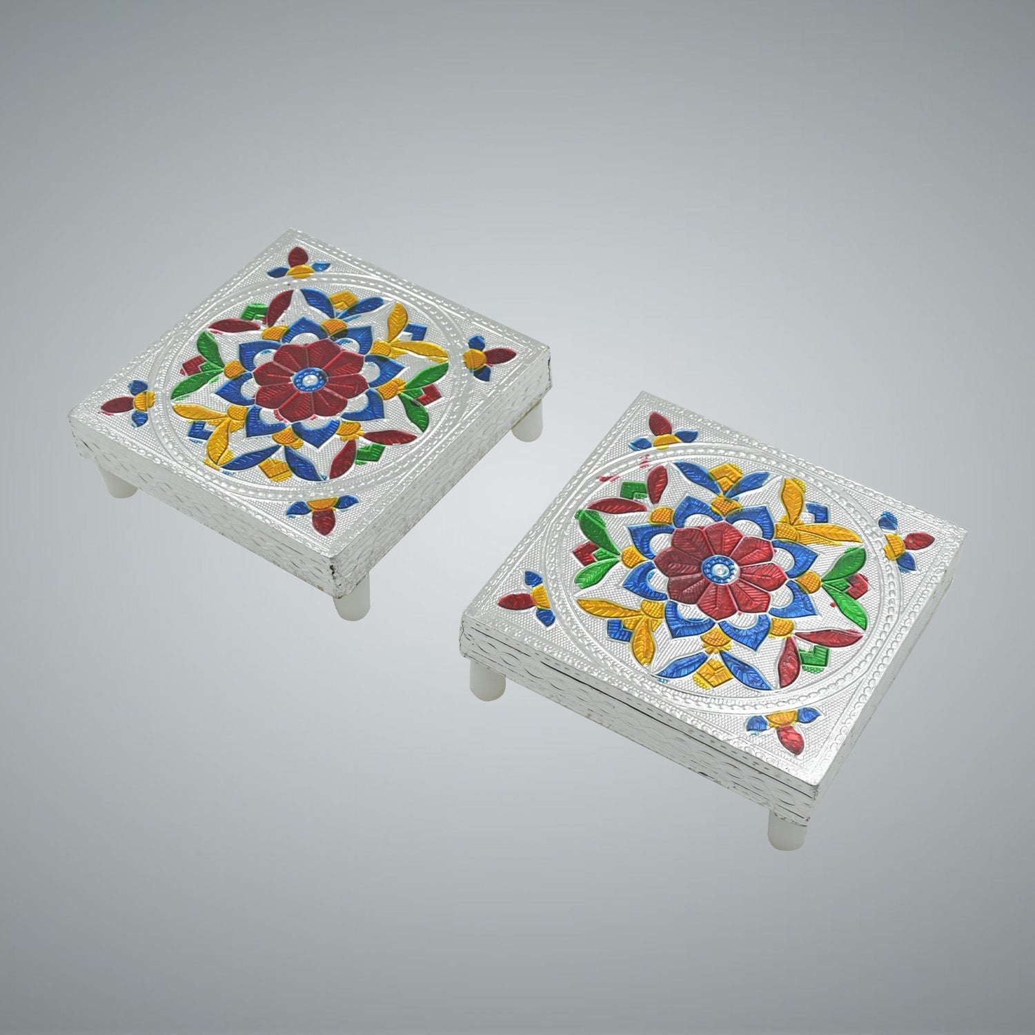 2 Pc Meenakari Wooden Chowki & Bajot Set: For Home & Office Puja (Multicolor) - Bhavnagar Deodap