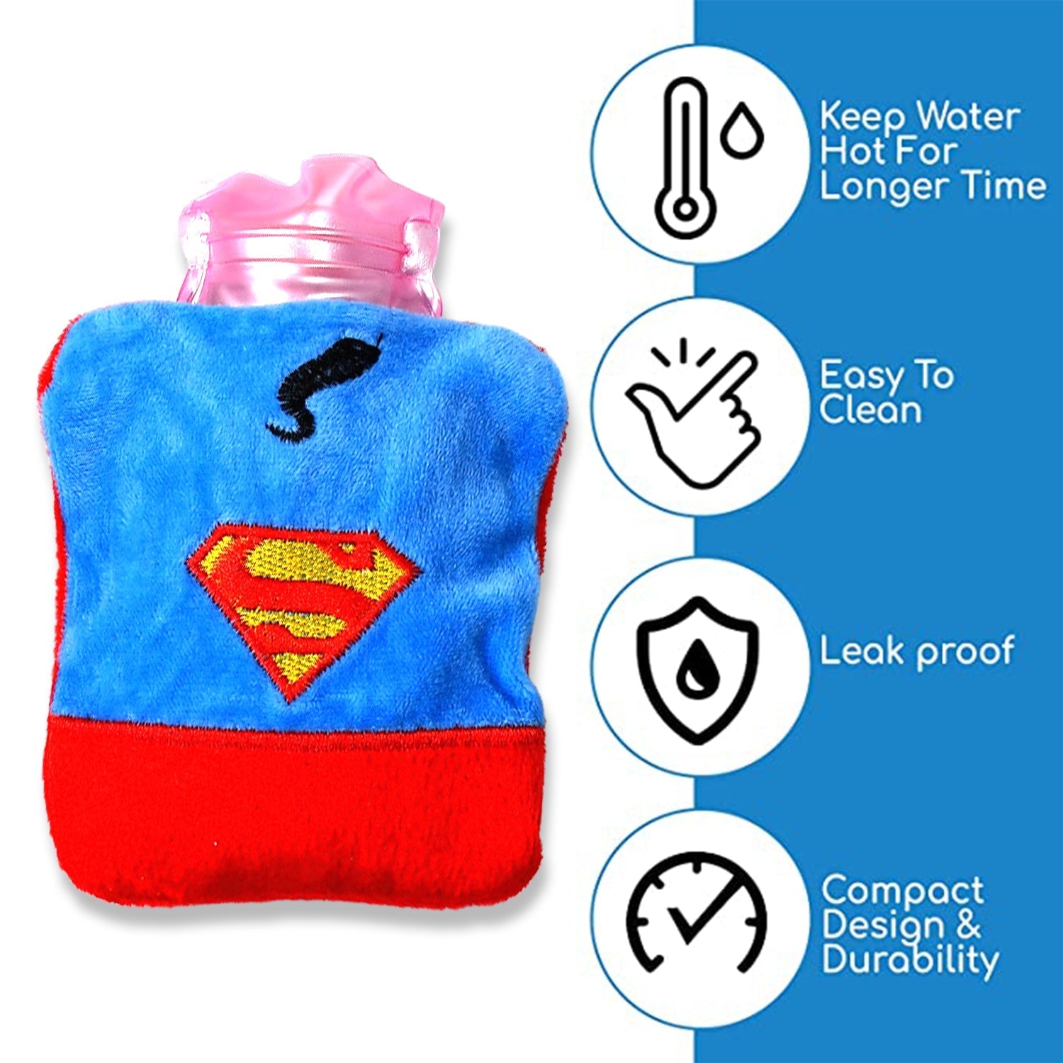 Superman Print Small Hot Water Bag with Cover for Pain Relief - Bhavnagar Deodap