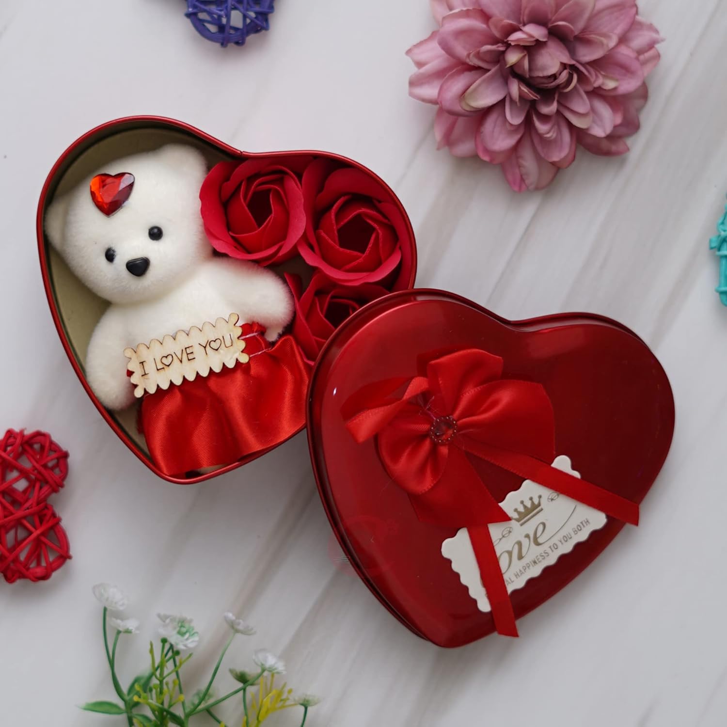 Heart Shaped Valentines Day Gift Box with I Love You Message Teddy Bear 3 Red Roses- Valentine Gift for Girlfriend Boyfriend Husband Wife-Valentine Day Gifts-Valentine Day Decoration Items