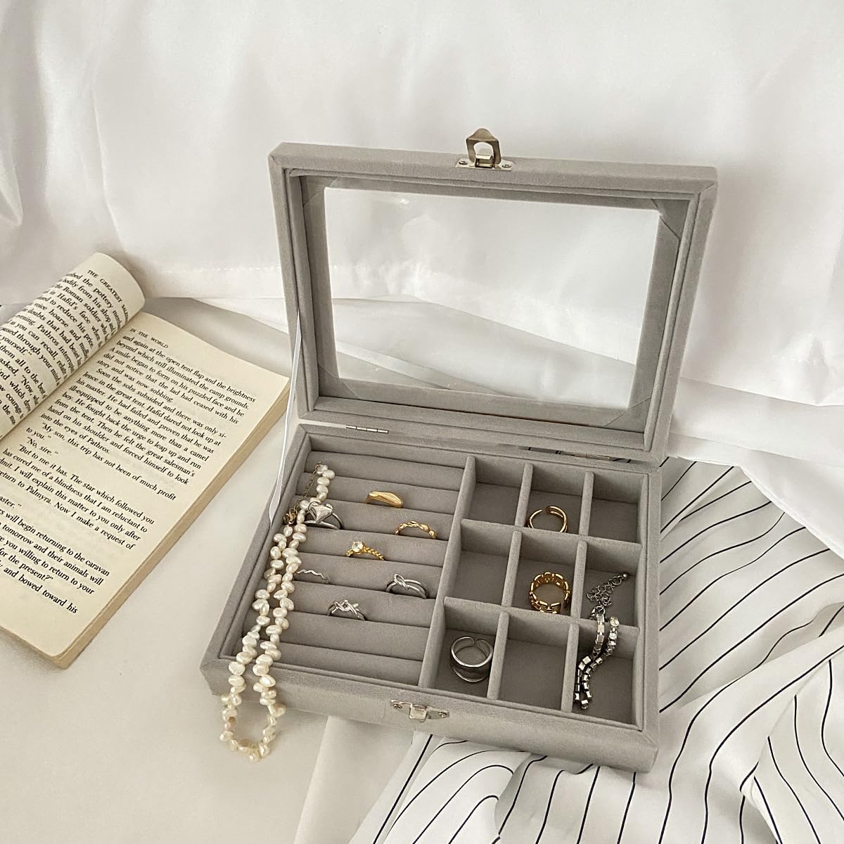 Jewellery Box Jewellery Organiser Box Velvet Clear Lid Jewelry Organizer, Ring Earring Bracelets Jewelry Storage Case, Portable Jewelry Box for Girls Women (Grey) - Bhavnagar Deodap