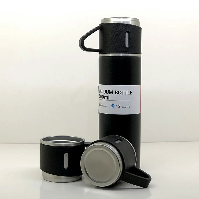 Stainless Steel Vacuum Flask Set with 3 Steel Cups Combo for Coffee Hot Drink and Cold Water Flask Ideal Gifting Travel Friendly Latest Flask Bottle. (500ml) - Bhavnagar Deodap