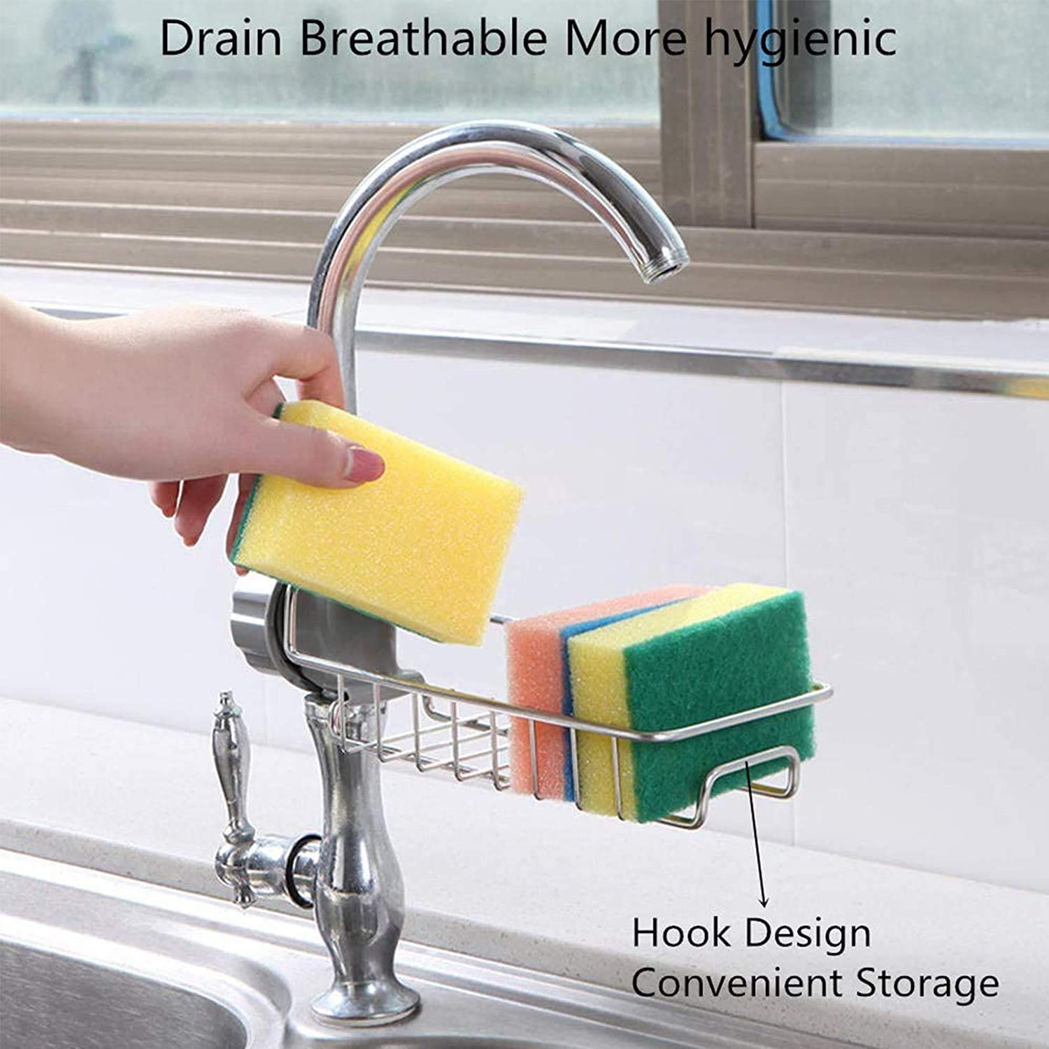 Kitchen Sink Faucet Sponge Holder Caddy Organizer Over, Stainless Steel Heavy Duty Thickening Hanging Drain Rack for scrubbers, soap, Bathroom, Detachable no Suction Cup Bathroom soap Holde - Bhavnagar Deodap