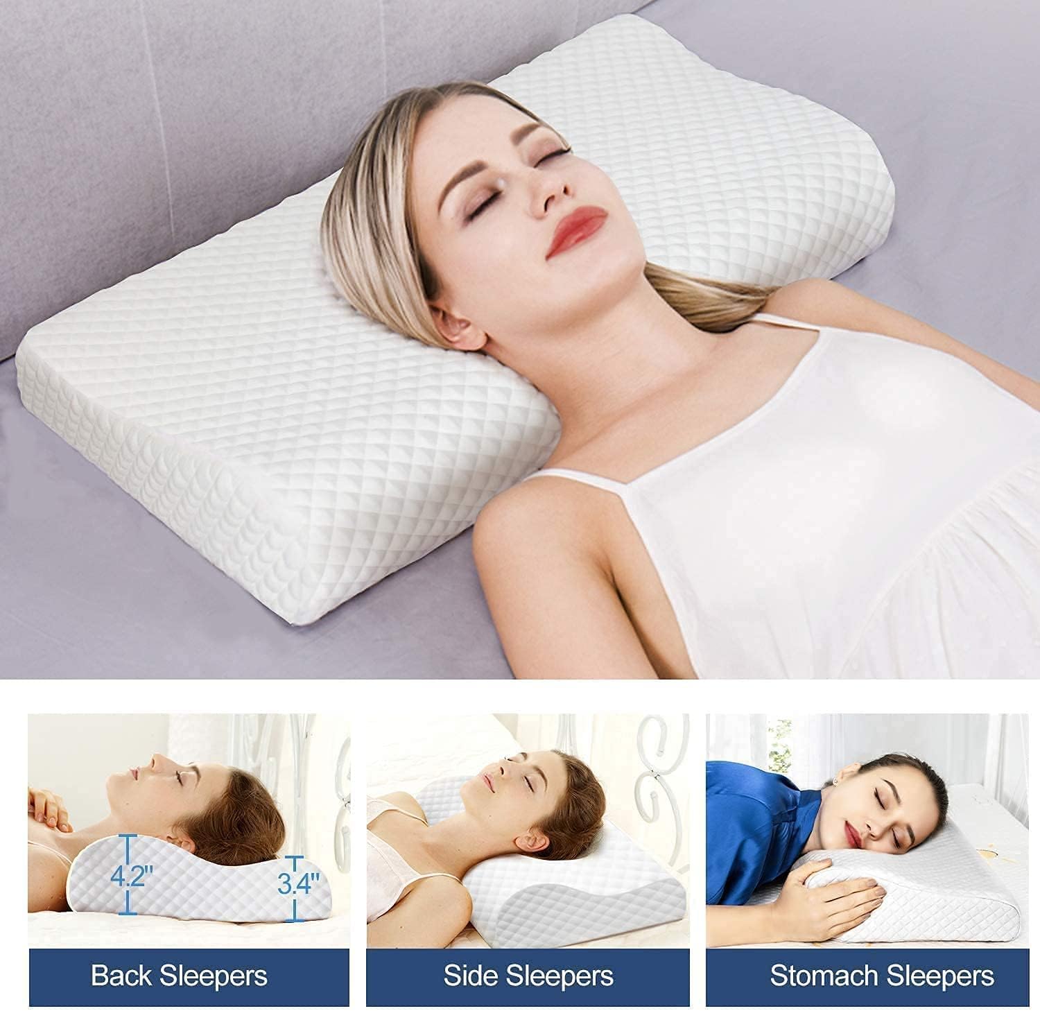 Memory Foam Pillow for Sleeping,Orthopedic Pillow for Neck Pain, Support for Back,Stomach,Side Sleepers, with Breathable Zip Cover (19X12X4INCH) (White)