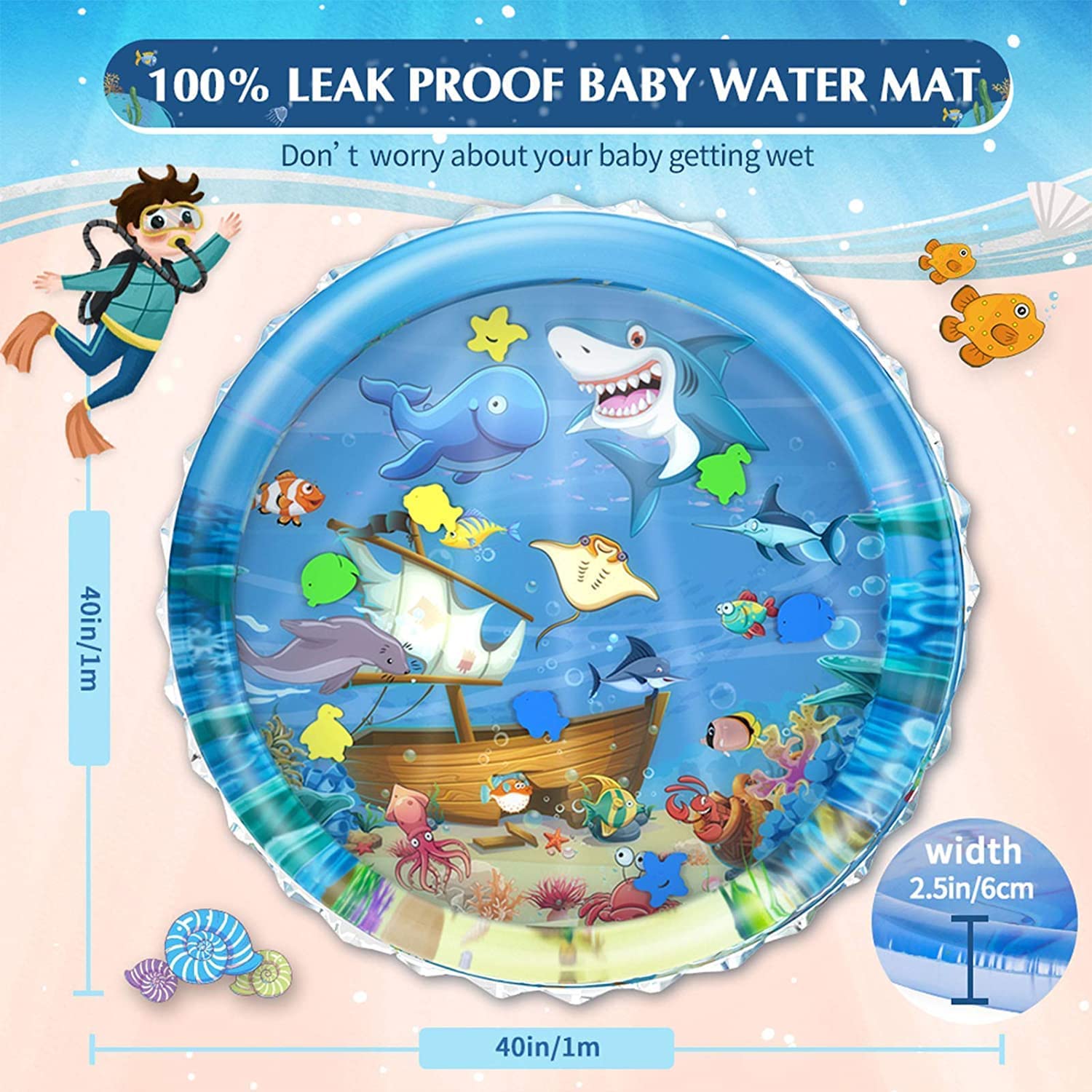 Activity Play Mat,Baby Infant Toddlers Inflatable Water Play Floor Mat Children Growth Activity Tool Baby Water Mat Toy for Baby Round Mat (40 X 40 X 2.5 Inches) - Multicolor