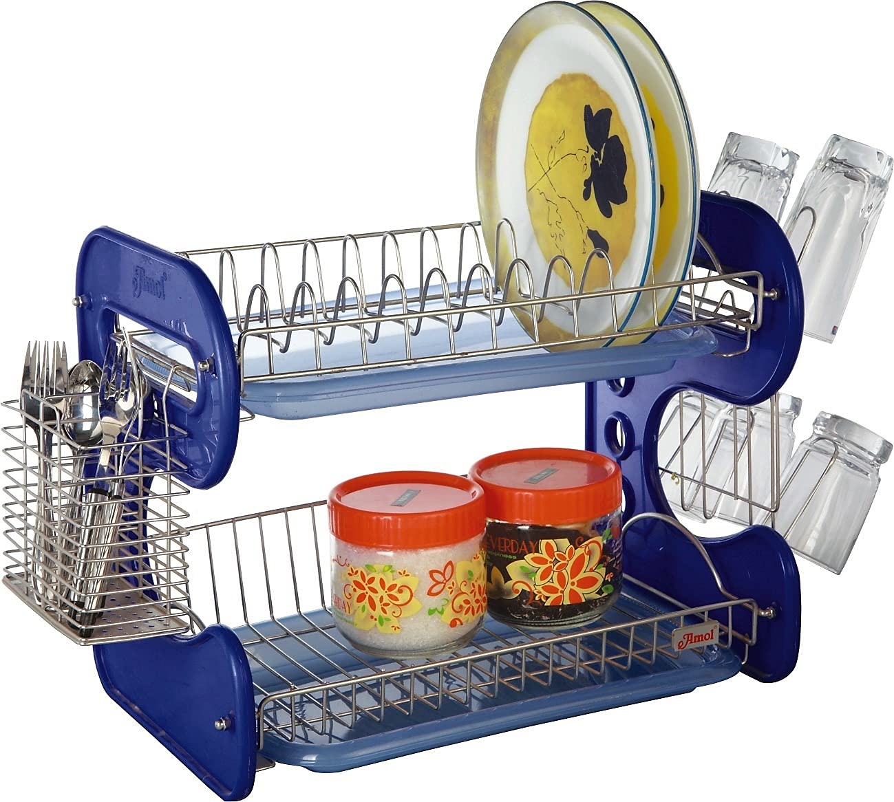 STAINLESS STEEL DRAIN BOWL STORAGE RACK HOLDER PLATE DISH CUTLERY CUP RACK WITH TRAY KITCHEN SHELF STAND - Bhavnagar Deodap