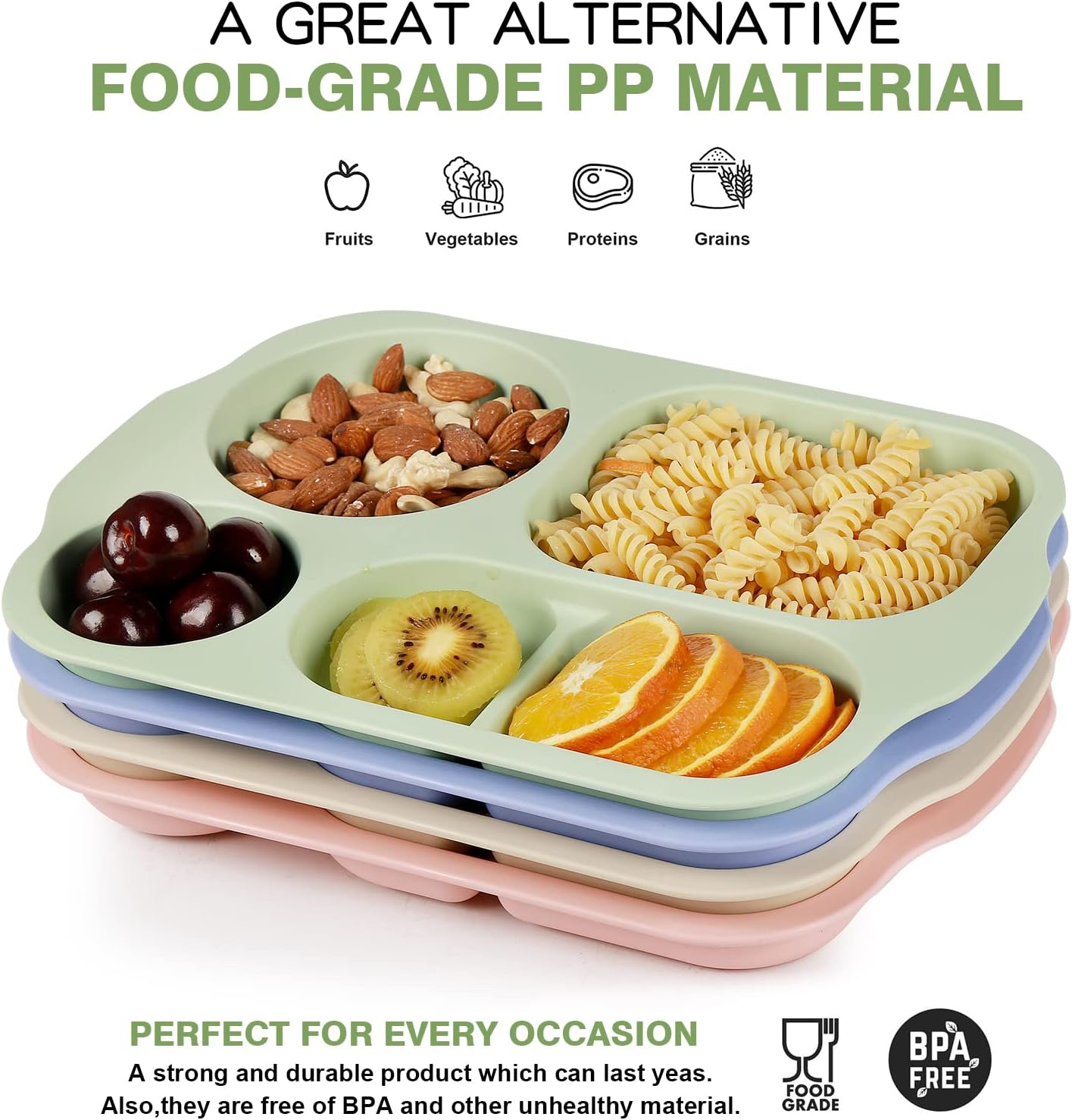 Divided Plates, 5 Compartments 32 CM Split Plates, Shatterproof Separating Plates For Kids And Adults, Microwave and Dishwasher Tableware Set, Multi-Colour, Modern (4 Pc Set) - Bhavnagar Deodap