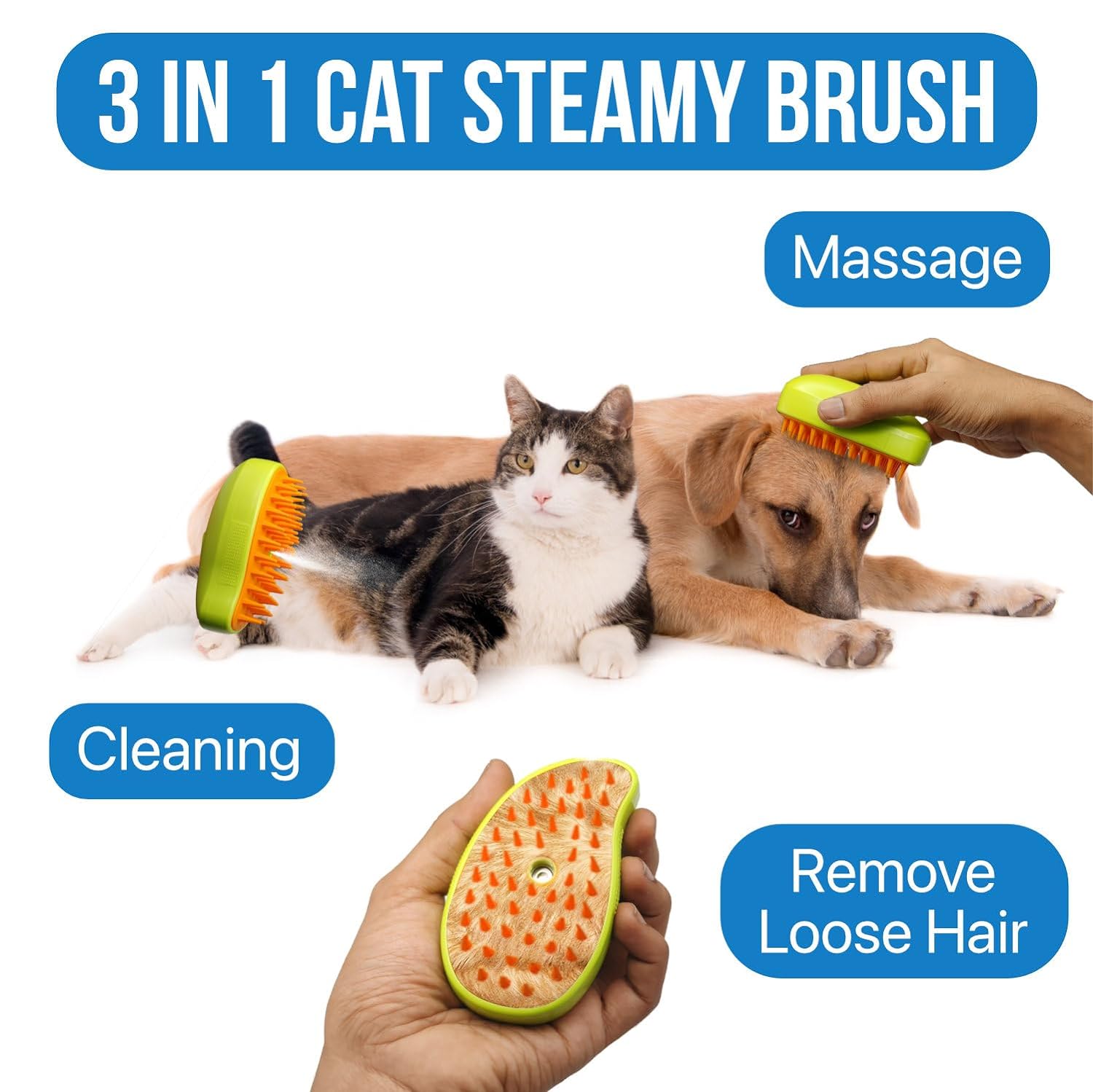 3 In1 Cat Steamy Brush, Self Cleaning Steam Cat Brush Cat Steamer Brush for Massage Cat Grooming Brush Pet Hair Removal Comb for Cat and Dog, for Removing Tangled and Loose Hair - Bhavnagar Deodap