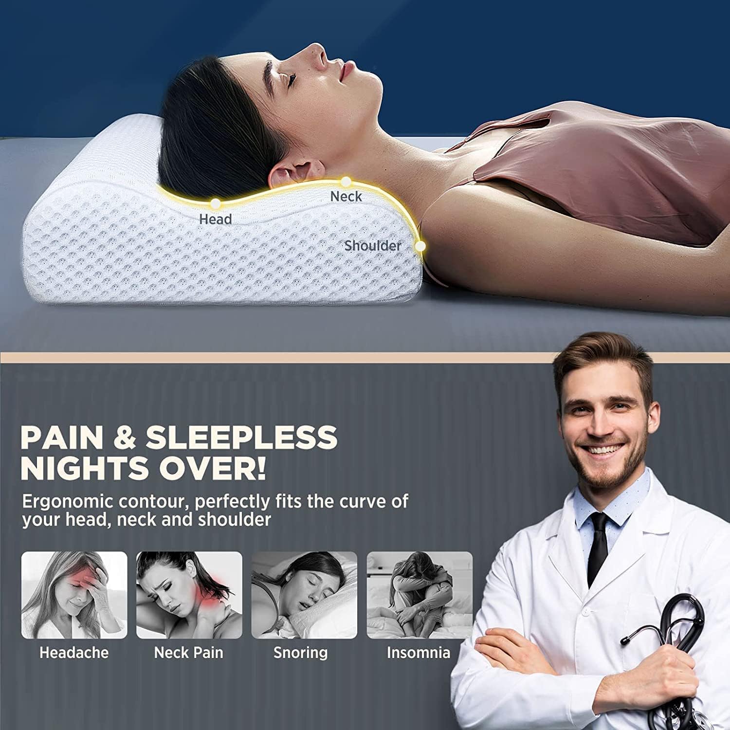 Memory Foam Pillow for Sleeping,Orthopedic Pillow for Neck Pain, Support for Back,Stomach,Side Sleepers, with Breathable Zip Cover (19X12X4INCH) (White)