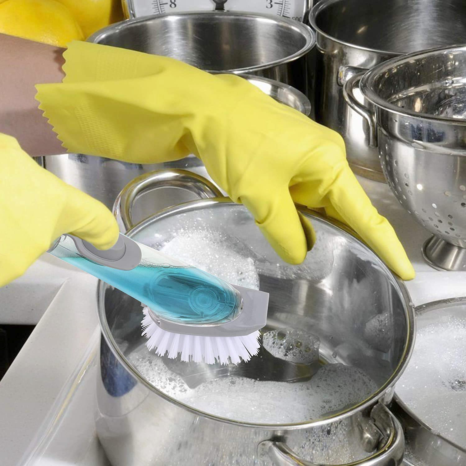 Home & Kitchen Cleaning Brushes, Scrubber, Soap Dispenser Scrub Brush for Pans Pots and Bathtub Sink (2 In 1) - Bhavnagar Deodap
