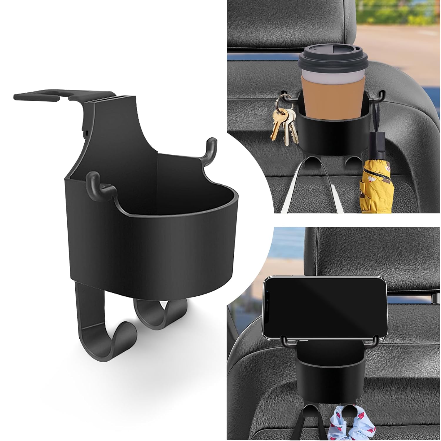 Car Headrest Backseat Organizer, 3 in 1 Automotive Cell Phone Drink cupholder Adapter with Headrest Hooks for Kids and Adults, Multifunctional Storage for Car Travel Accessories - Bhavnagar Deodap