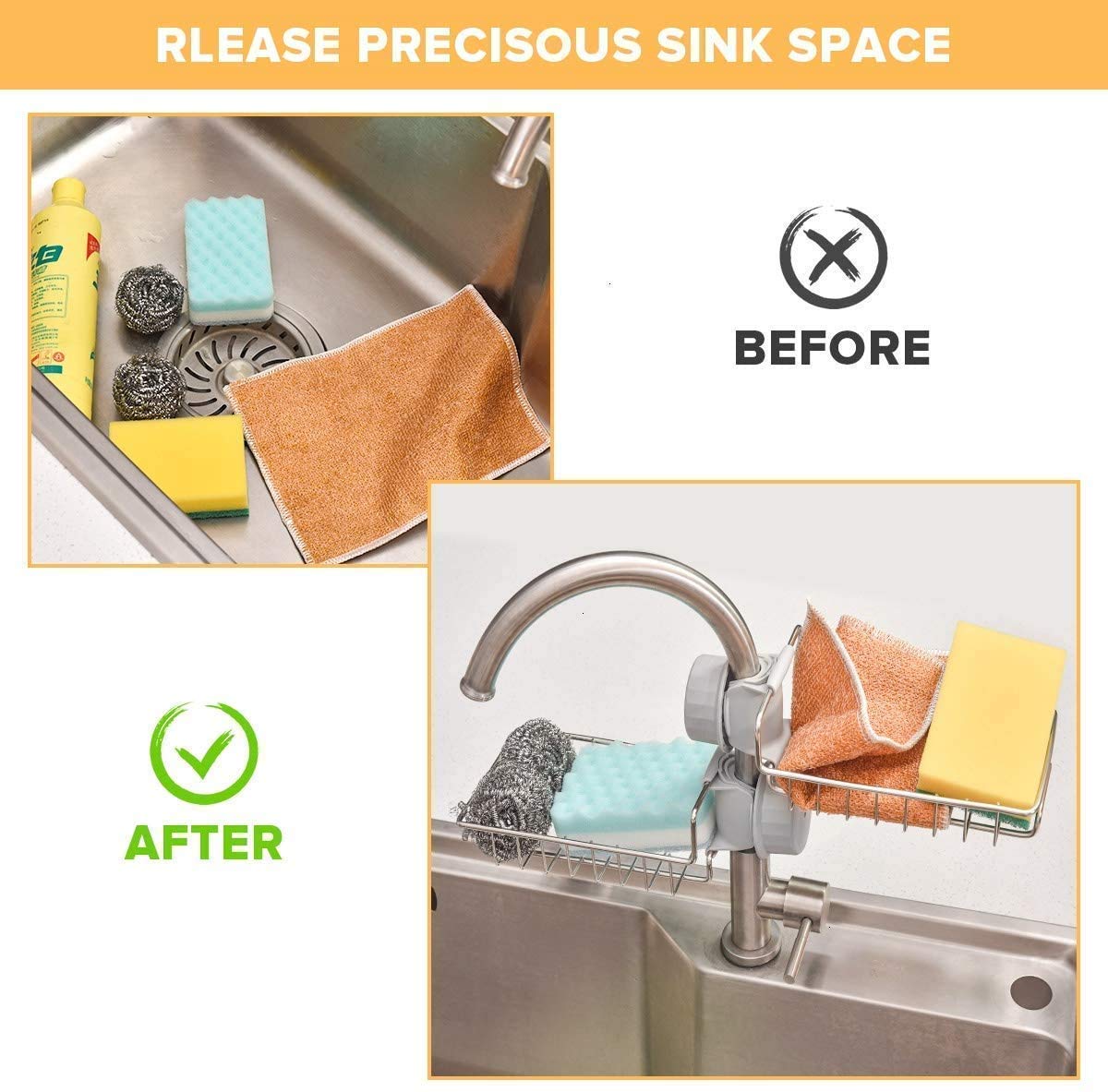 Kitchen Sink Faucet Sponge Holder Caddy Organizer Over, Stainless Steel Heavy Duty Thickening Hanging Drain Rack for scrubbers, soap, Bathroom, Detachable no Suction Cup Bathroom soap Holde - Bhavnagar Deodap