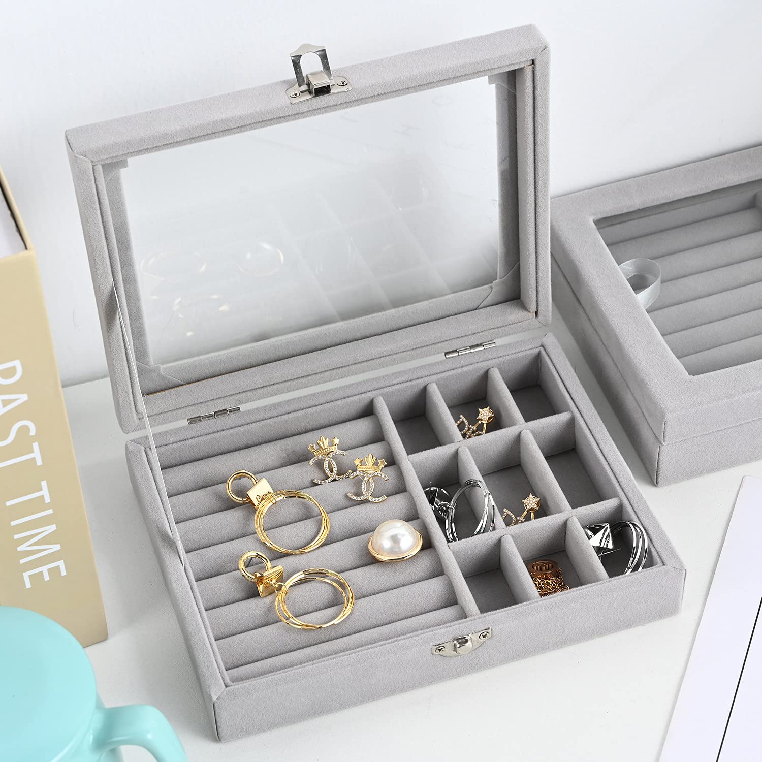 Jewellery Box Jewellery Organiser Box Velvet Clear Lid Jewelry Organizer, Ring Earring Bracelets Jewelry Storage Case, Portable Jewelry Box for Girls Women (Grey) - Bhavnagar Deodap