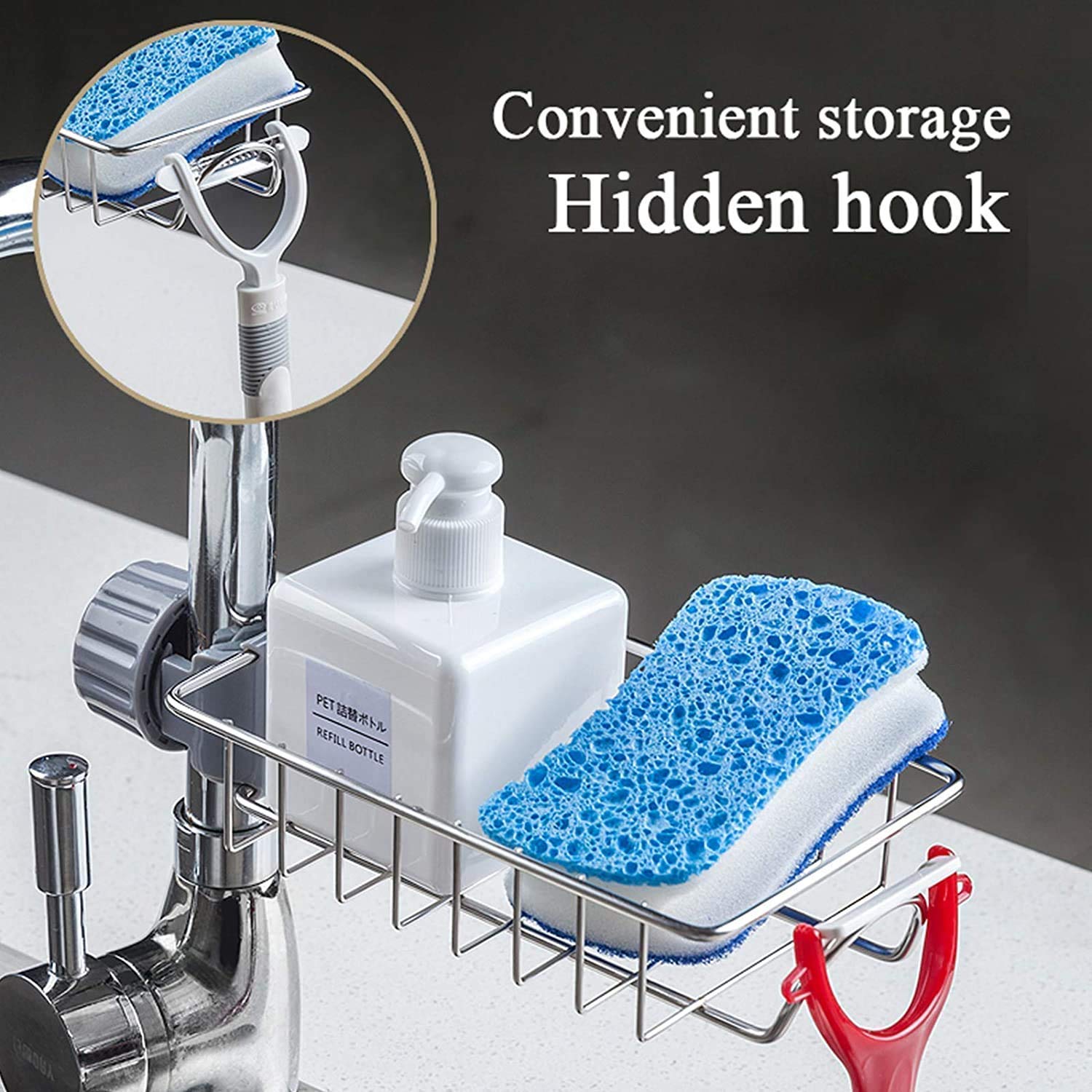 Kitchen Sink Faucet Sponge Holder Caddy Organizer Over, Stainless Steel Heavy Duty Thickening Hanging Drain Rack for scrubbers, soap, Bathroom, Detachable no Suction Cup Bathroom soap Holde - Bhavnagar Deodap