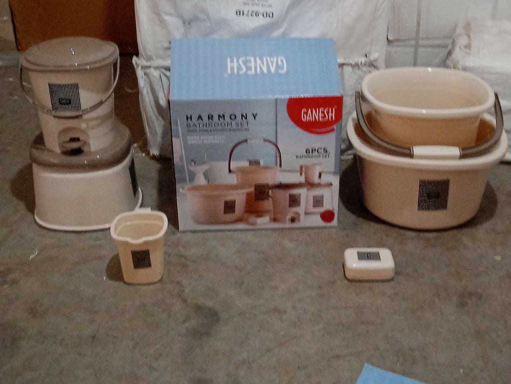 Plastic Bathroom Accessories Set 6 pcs Bath Set Bathroom Bucket with Dustbin Mug, Stool, Soap Case,Tub (MOQ :- 4 Pc / Mix Color ) - Bhavnagar Deodap