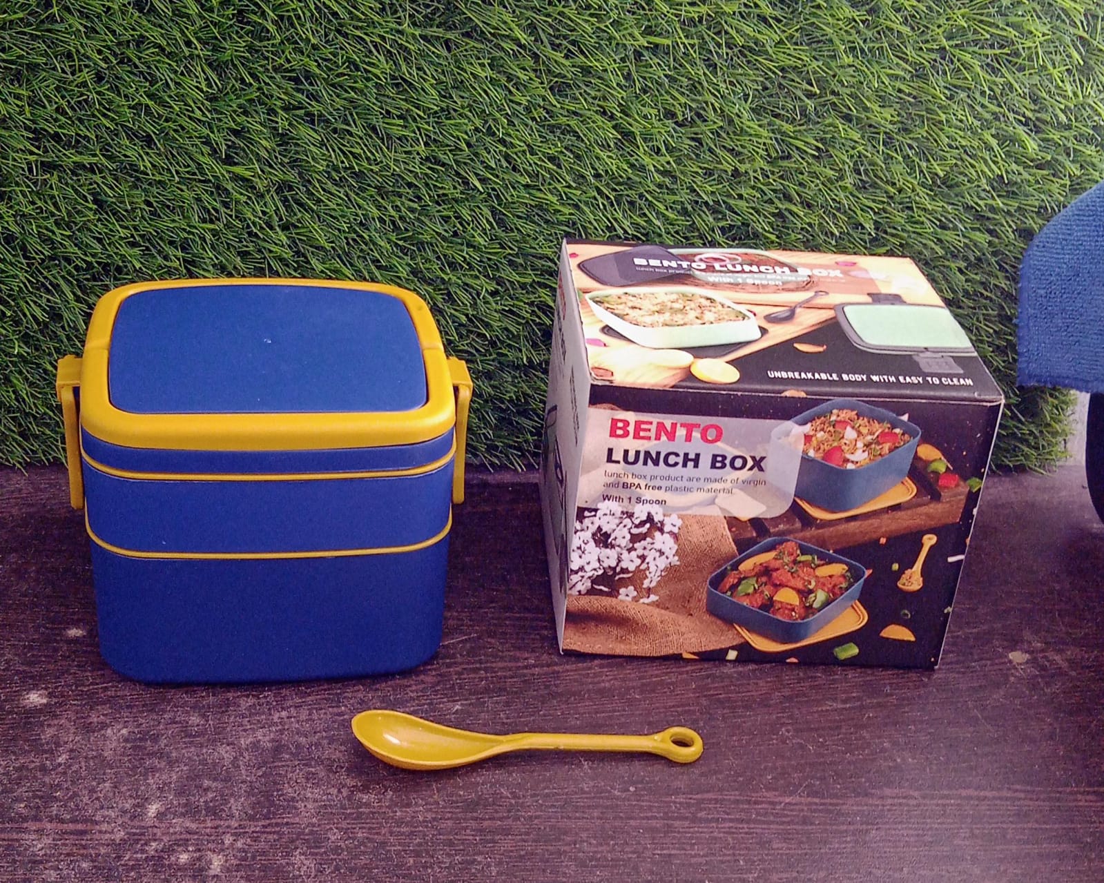 BLUE DOUBLE-LAYER PORTABLE LUNCH BOX STACKABLE WITH CARRYING HANDLE AND SPOON LUNCH BOX , Bento Lunch Box - Bhavnagar Deodap