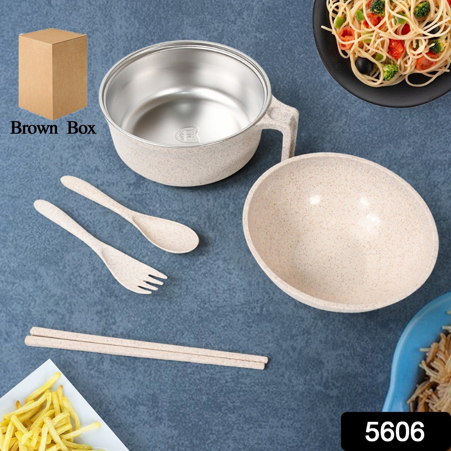 Rice Bowl Noodle 1 Bowl with 1 Lid and Handle Wheat Straw Noodle Bowls with Wheat Straw 1 Fork, 2 Chopsticks, 1 Spoon for Soup Salad Cooker Snack Set (6 Pcs Set) - Bhavnagar Deodap