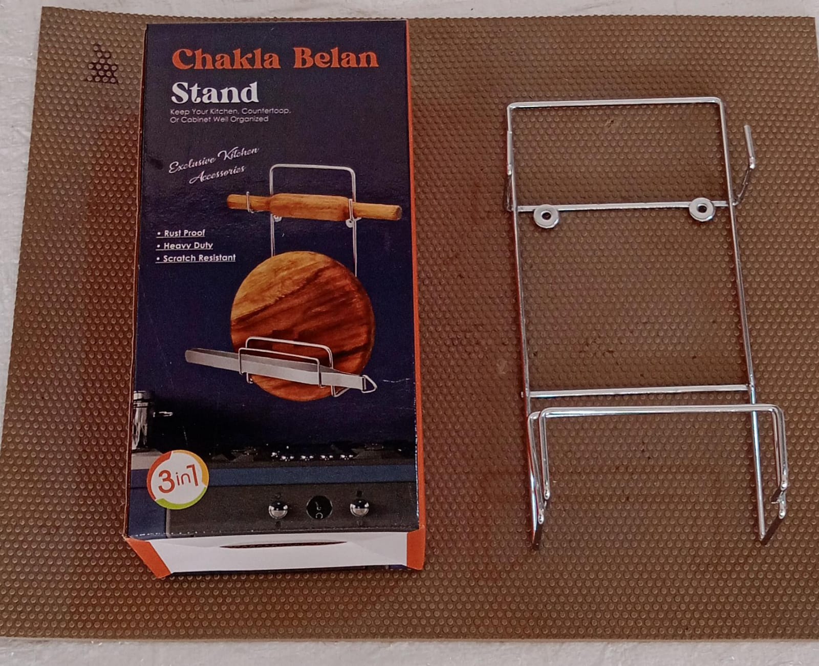 Chakla Belan Chimta Stand Rolling Pin Board Tong Holder Silver Stainless Steel Multi-Purpose Rack for Kitchen (1 Pc ) - Bhavnagar Deodap