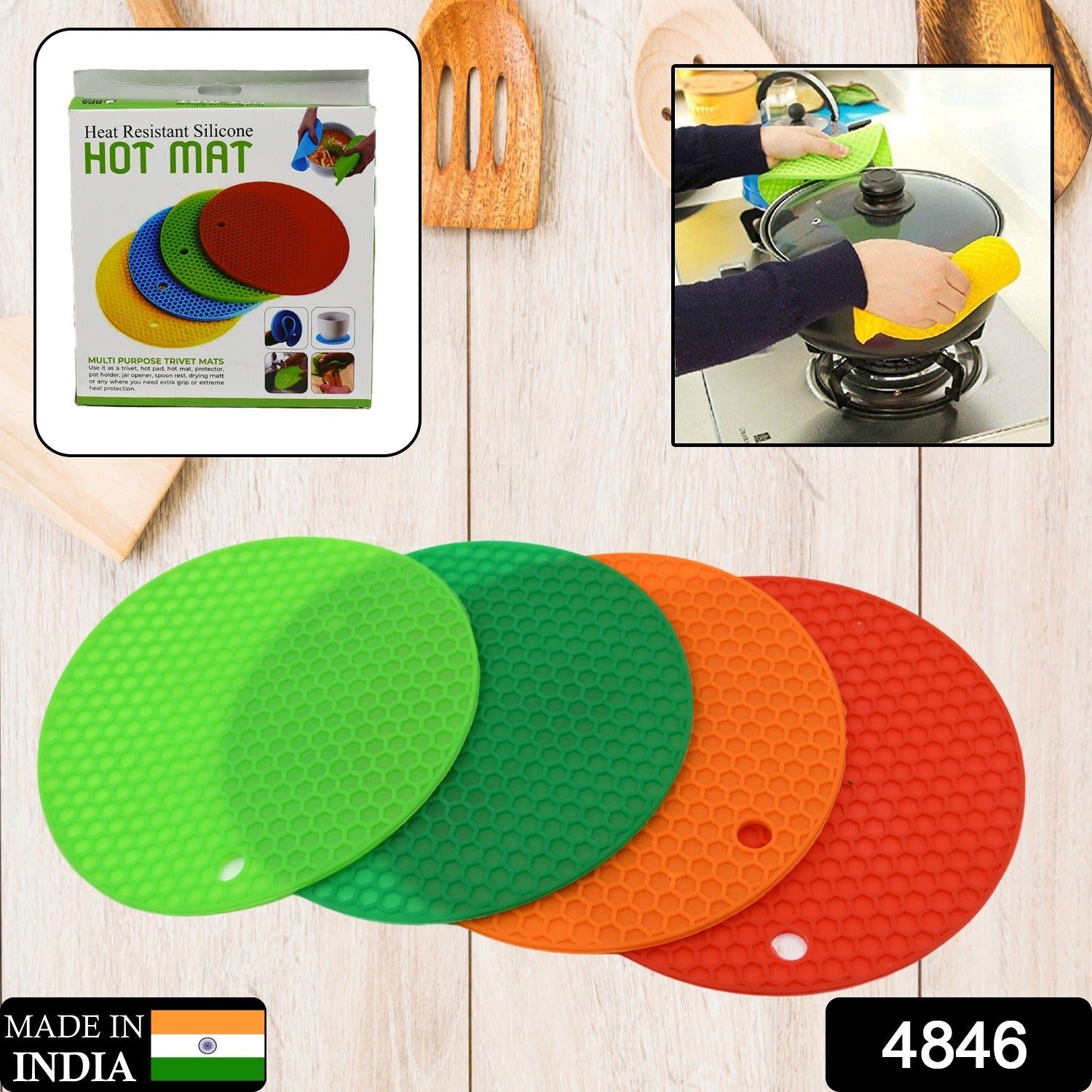 4 Pc Silicon Hot Mat For Placing Hot Vessels And Utensils Over It Easily Without Having Any Visible Marks On Surfaces. - Bhavnagar Deodap