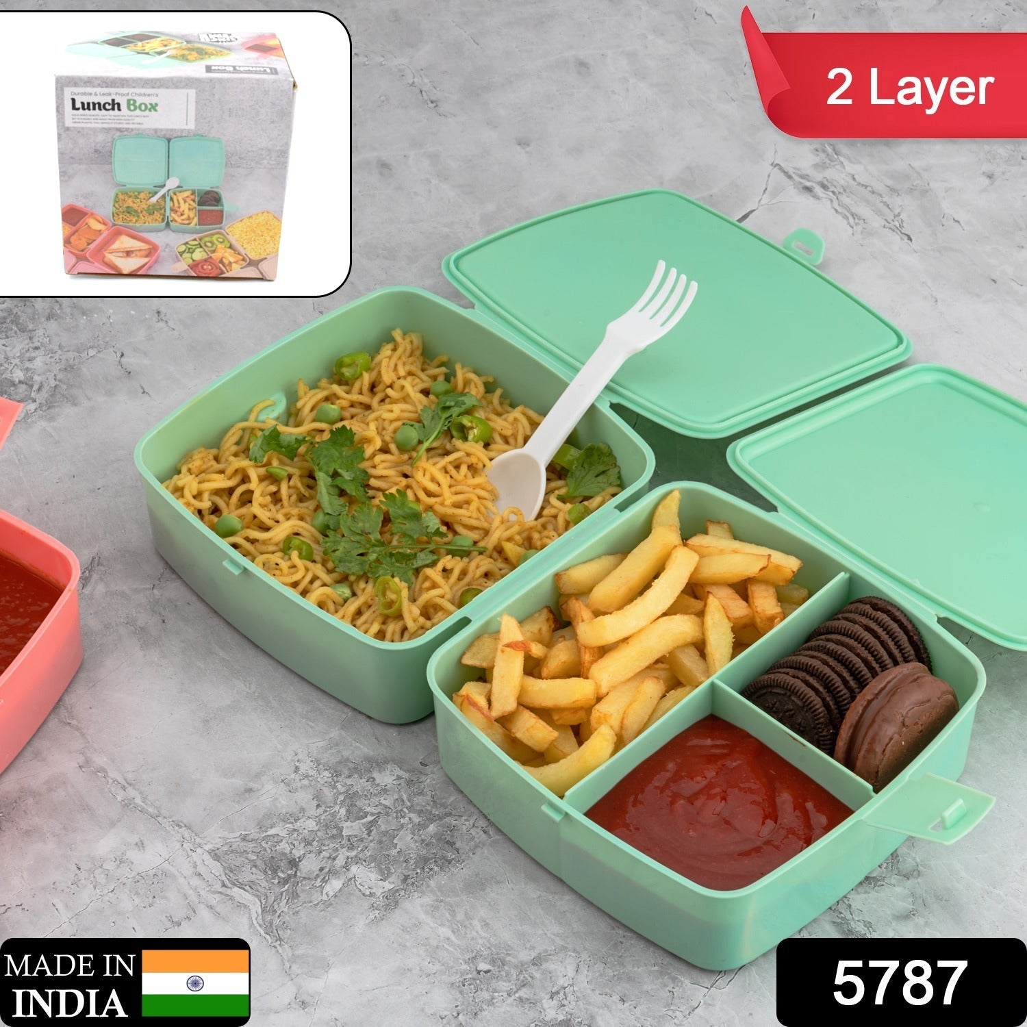 Double-Layer Square Lunch Box with  Spoon , 4 Compartment Tiffin & Push Lock , Plastic Tiffin Box for Travelling, School Kids & Office Exclusive, Home - Bhavnagar Deodap