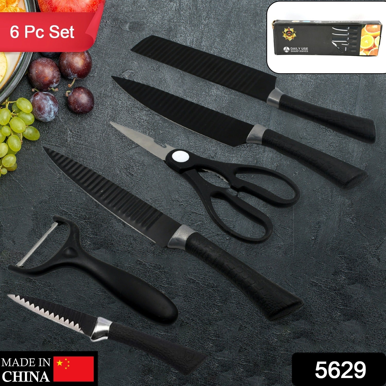 6 Pieces Professional Kitchen Knife Set, Meat Knife, Chef's Knife with Non-Slip Handle for Home, Kitchen and Restaurant with Chef Peeler and Scissor (Stainless Steel / 6 Pcs Set) - Bhavnagar Deodap