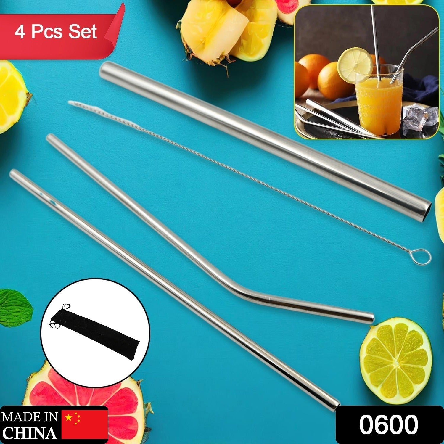 Reusable Stainless Steel Straws with Travel Case Cleaning Brush Eco Friendly Extra Long Metal Straws Drinking Set of 4 (2 Straight straws, 1 Bent straws, 1 Brush) - Bhavnagar Deodap