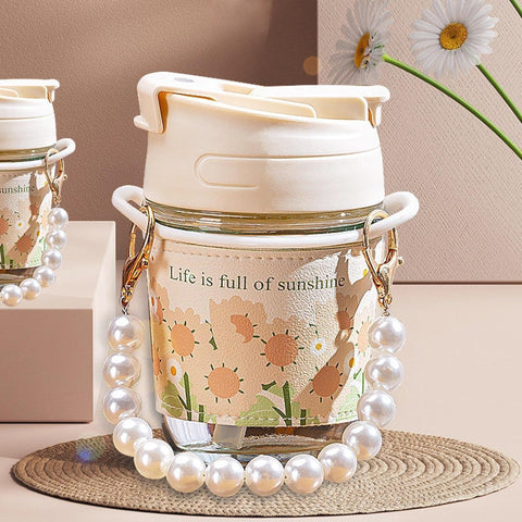 MOTI Mug White Pearl Glass Coffee Mug with Pearl Chain Belt & Sleeve | 350ml Reusable Tumbler with Dual Straw Lid | Travel Sipper Cup for Coffee, Juice, Milk, Tea | Cute Cartoon Design