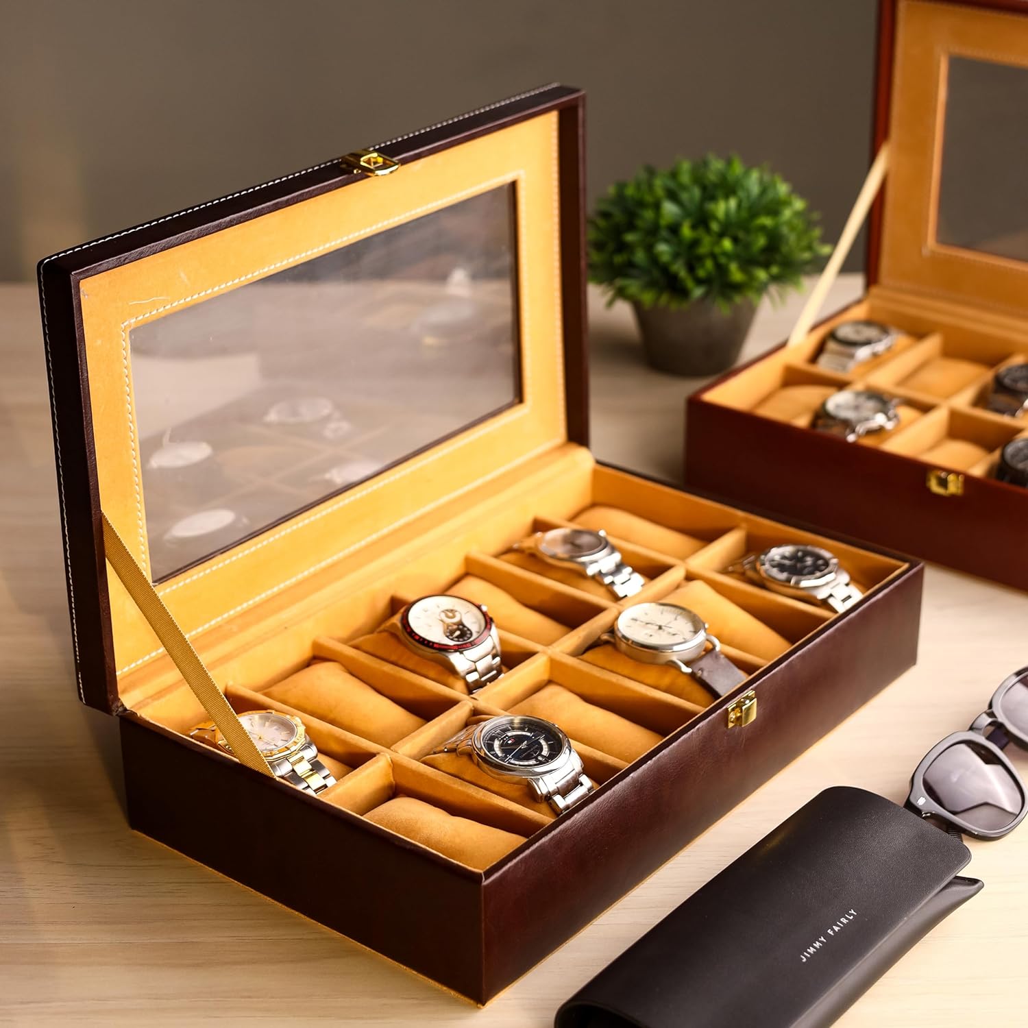 Leather Watch Box Organizer - Watch Case Box Men - Watch Organizer Storage Tray Women - Wrist Watch Holder 12 Slots - Sleek And Display Case All Watch Enthusiasts, Mohagany, Brown