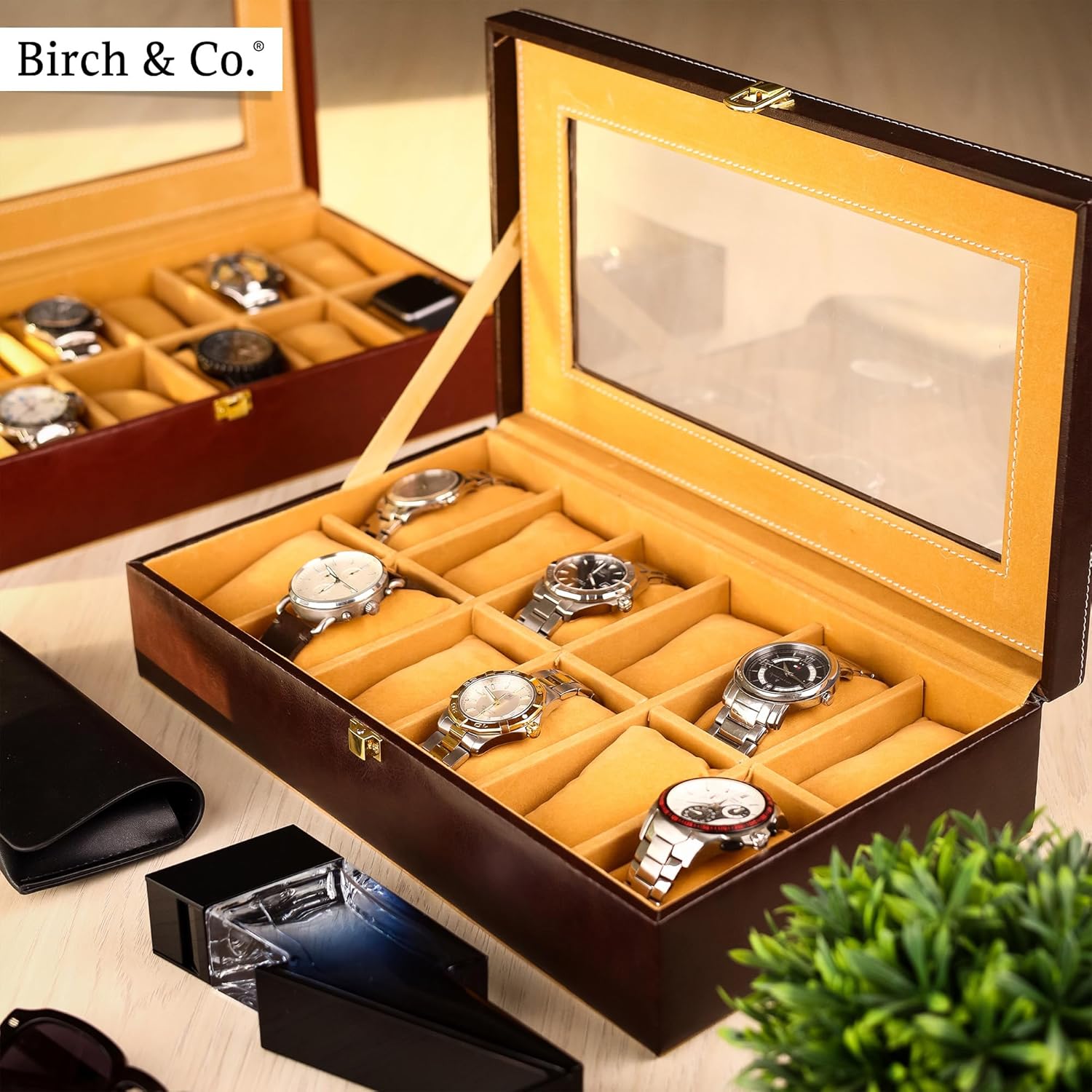 Leather Watch Box Organizer - Watch Case Box Men - Watch Organizer Storage Tray Women - Wrist Watch Holder 12 Slots - Sleek And Display Case All Watch Enthusiasts, Mohagany, Brown