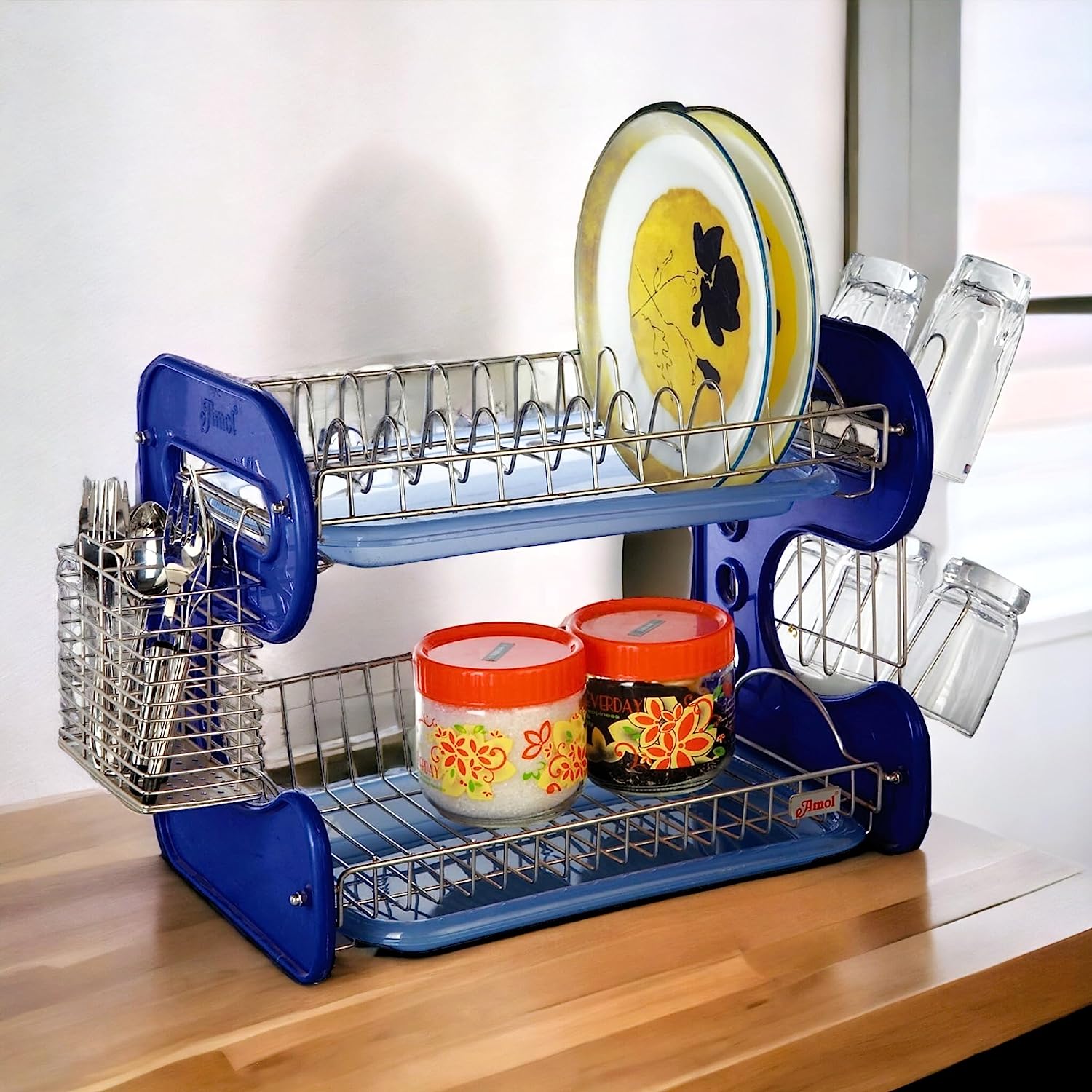 STAINLESS STEEL DRAIN BOWL STORAGE RACK HOLDER PLATE DISH CUTLERY CUP RACK WITH TRAY KITCHEN SHELF STAND - Bhavnagar Deodap