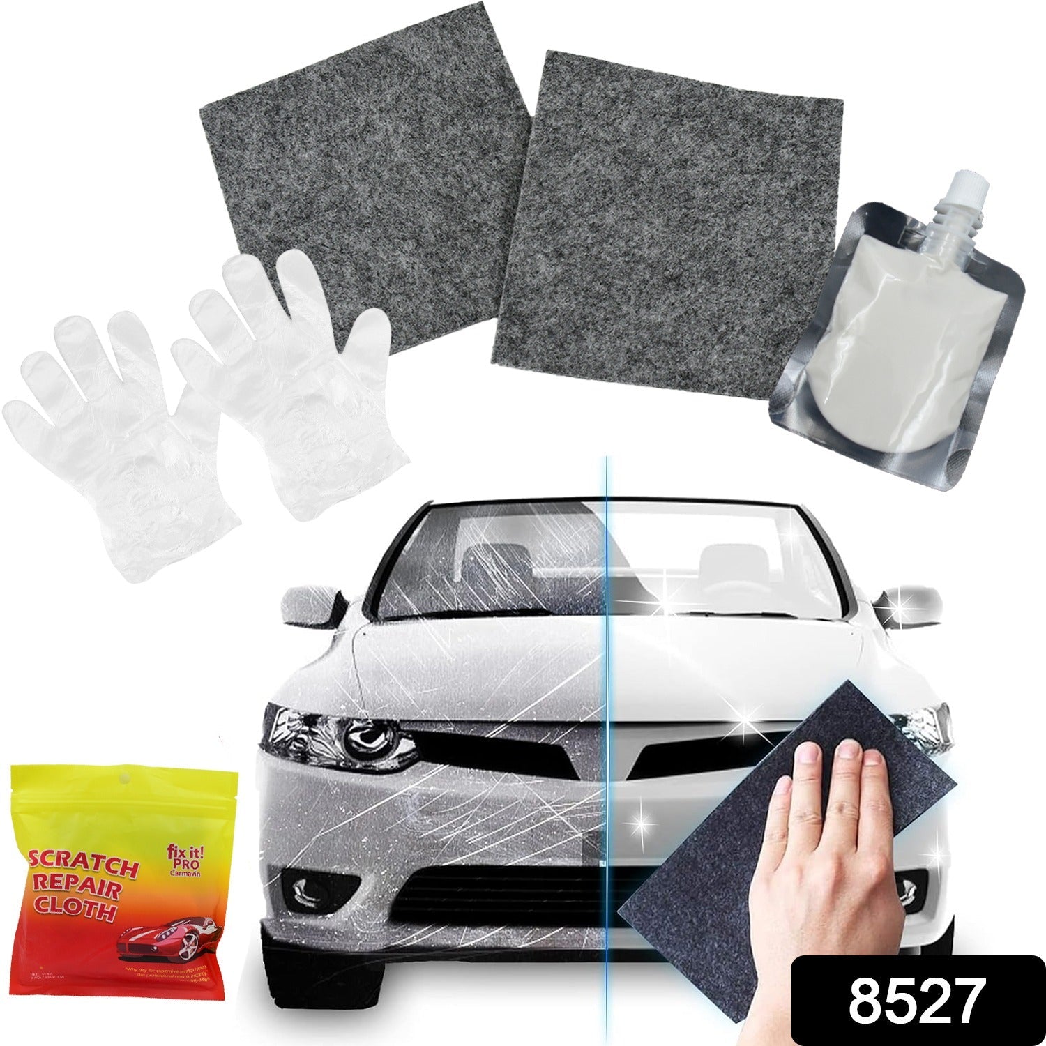 Nano Magic Car Scratch Remover Cloth, Multipurpose Scratch Repair Cloth, Cloth for Car Paint Scratch Repair, Easy to Repair Slight Scratches on the Surface Polishing Repeatable Use for All Kinds of Car (45 ML Repair Solution, 2 Gloves, 2 nano Cloth) - Bhavnagar Deodap