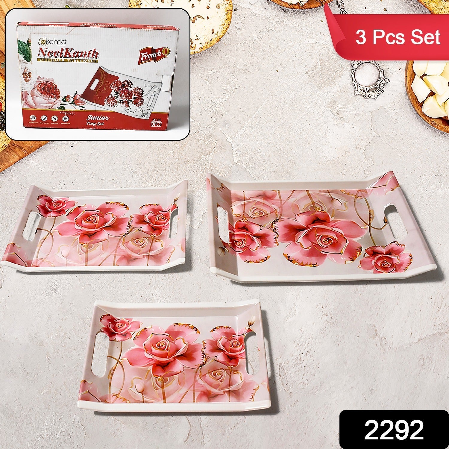 Plastic Rectangular Shape Flower Printed Design Serving Tray 3 pcs Home and Kitchen Use (3 pcs set) - Bhavnagar Deodap