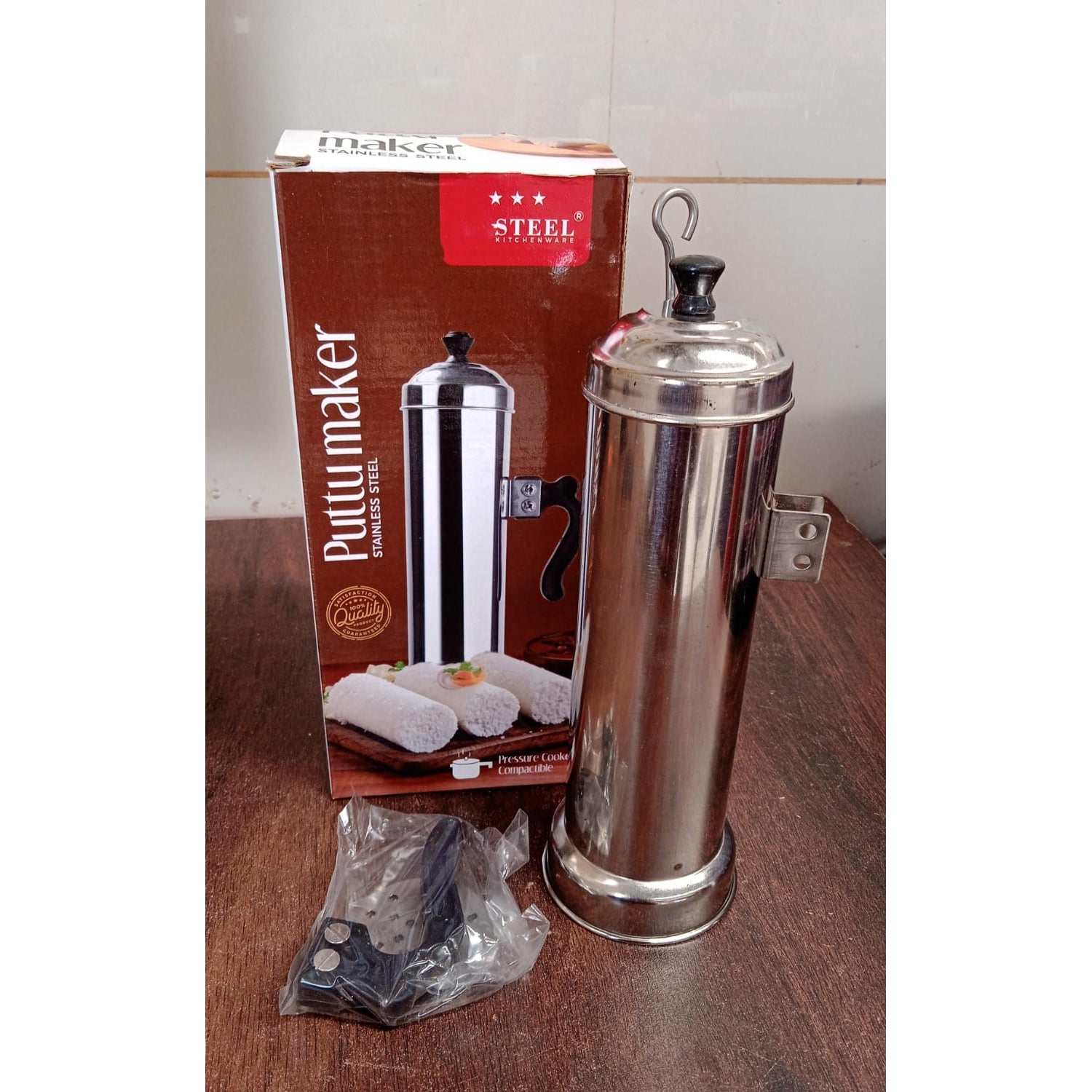 Puttu Maker with Steamer Plate, Metal Stick, Black Plastic Handle, Silver Lid,  Puttu Maker Set  To Use with Pressure Cooker Top, Food Grade Stainless Steel - Bhavnagar Deodap