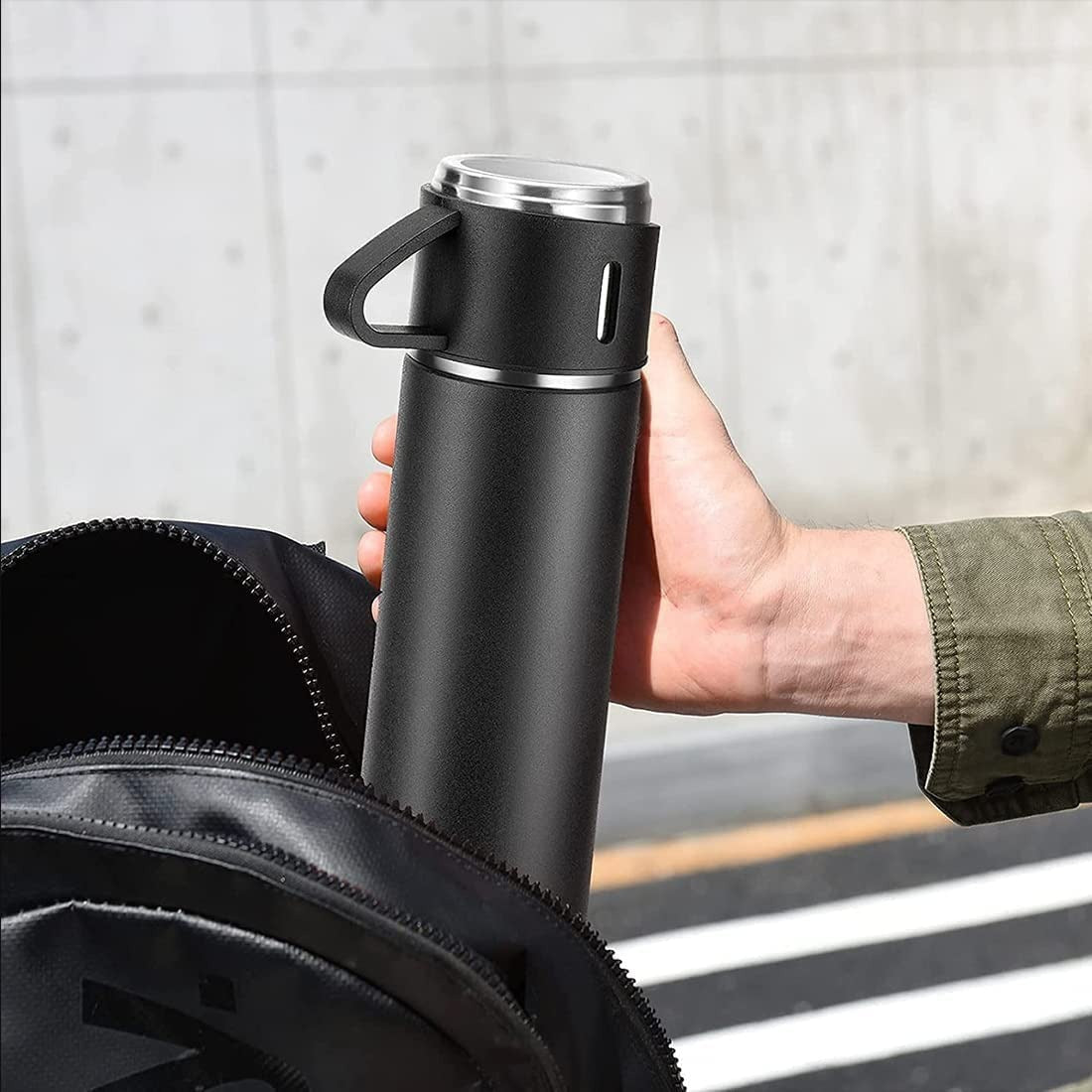 Stainless Steel Vacuum Flask Set with 3 Steel Cups Combo for Coffee Hot Drink and Cold Water Flask Ideal Gifting Travel Friendly Latest Flask Bottle. (500ml) - Bhavnagar Deodap