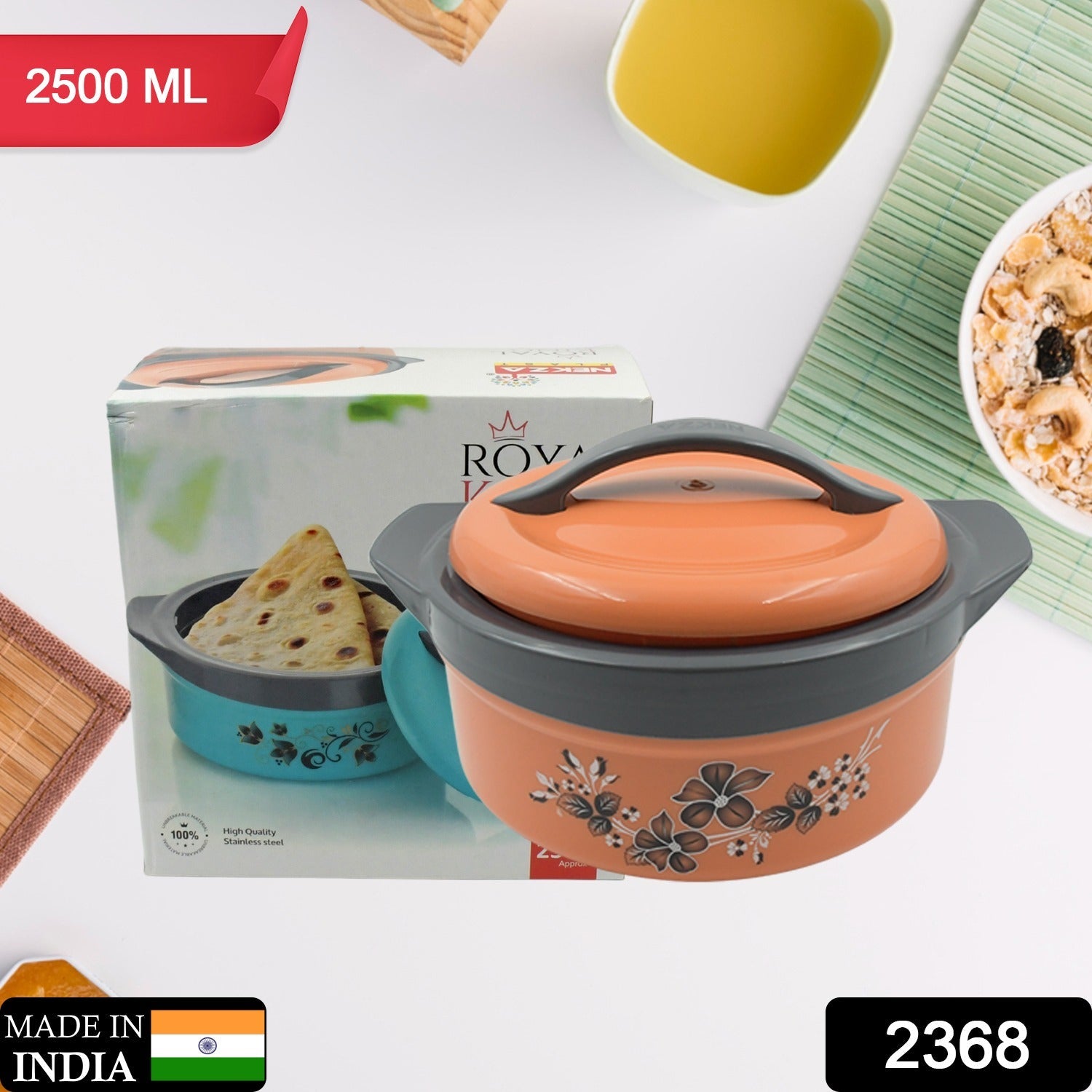 Casserole Box for Food Searving Inner Steel Insulated Casserole Hot Pot Flowers Printed Chapati Box for Roti Kitchen (Approx 2500 ml) - Bhavnagar Deodap