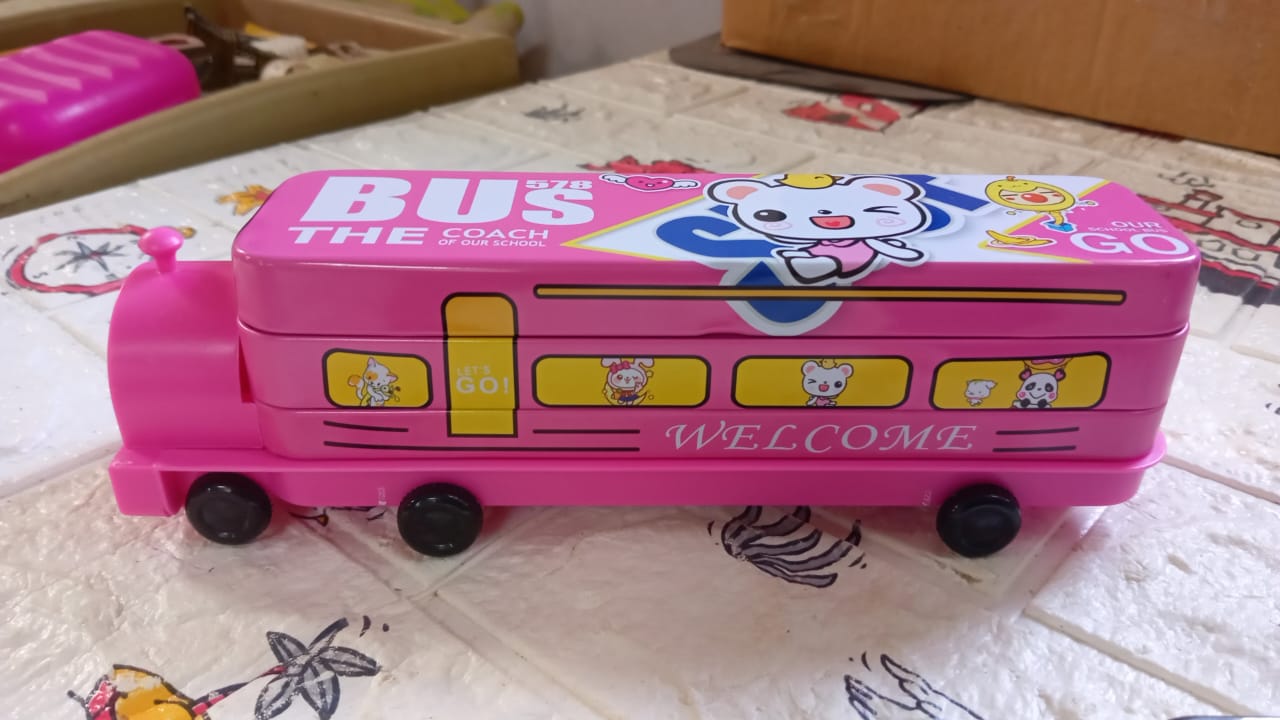 Double Decker Magic Bus Compass 2 Layer Metal Bus Compass Pencil Case with Movable Wheels & Sharpener Bus Shape with Tiers Metal Pencil Box for Kids Birthday Party - Bhavnagar Deodap