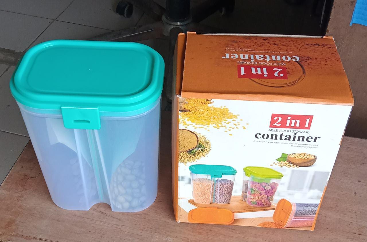 Plastic 2 Sections Air Tight Transparent Food Grain Cereal Storage Container (2 ltr) (With Box) - Bhavnagar Deodap