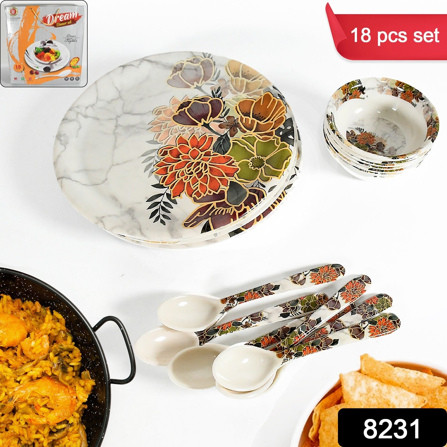 Dream High Quality plastic Dinning Dinner set with Unique Flower Design Printed, 6 pc Plates, 6 pc Bowls and 6 pc Serving Spoon, Lightweight Round Plates and Bowls, Microwave, and Dishwasher Safe (18 Pcs set) - Bhavnagar Deodap