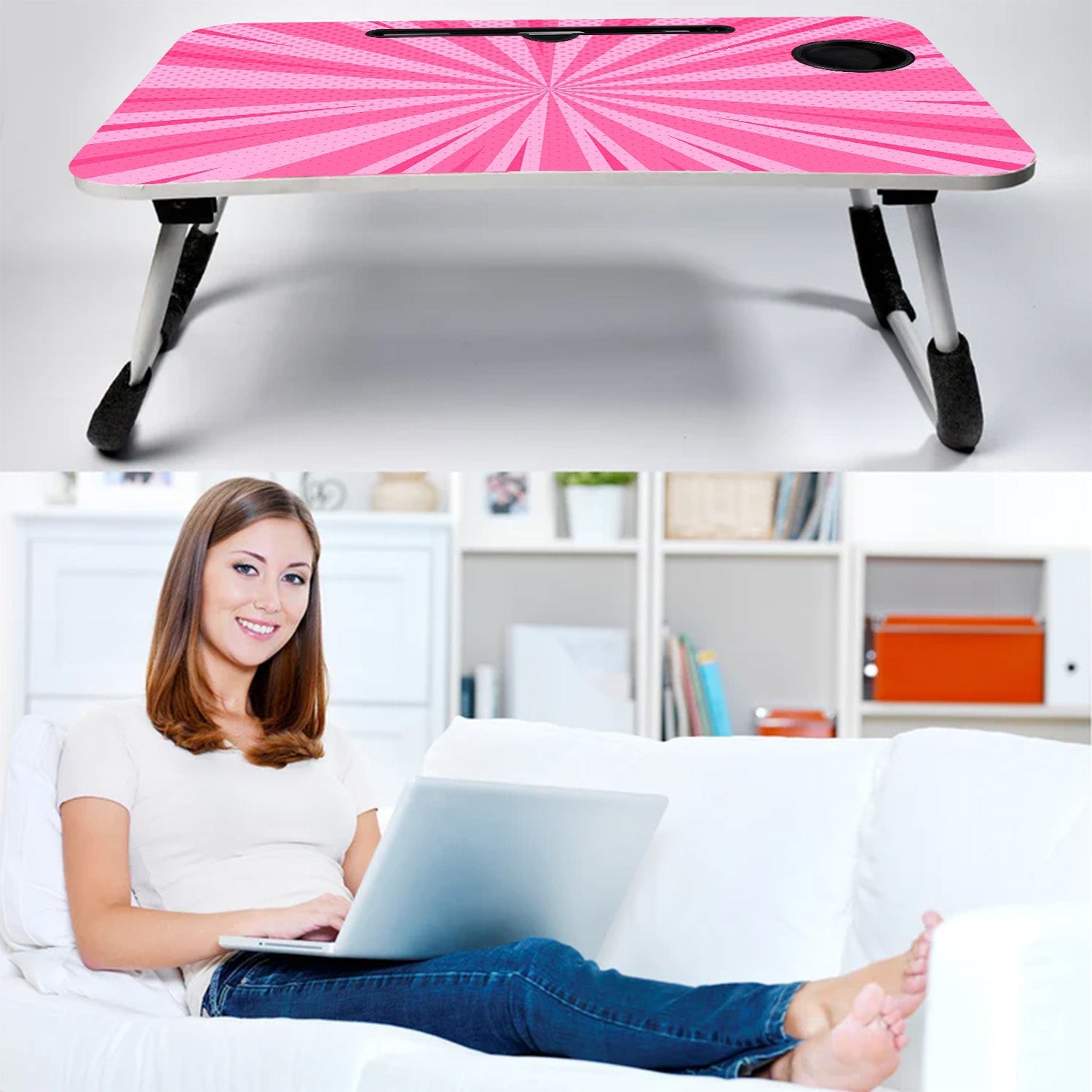 Barbie Design Foldable Bed Study Table Portable Multifunction Laptop Table Lapdesk for Children Bed Foldable Table Work Office Home with Tablet Slot & Cup Holder - Bhavnagar Deodap