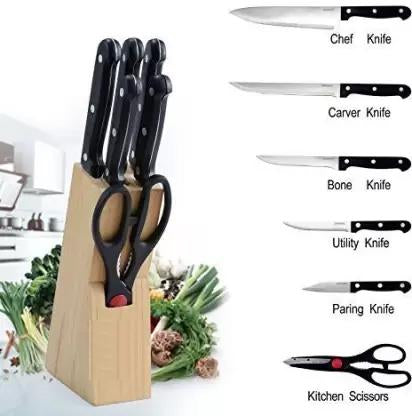 Kitchen Knife Set with Wooden Block and Scissors (5 pcs, Black) - Bhavnagar Deodap