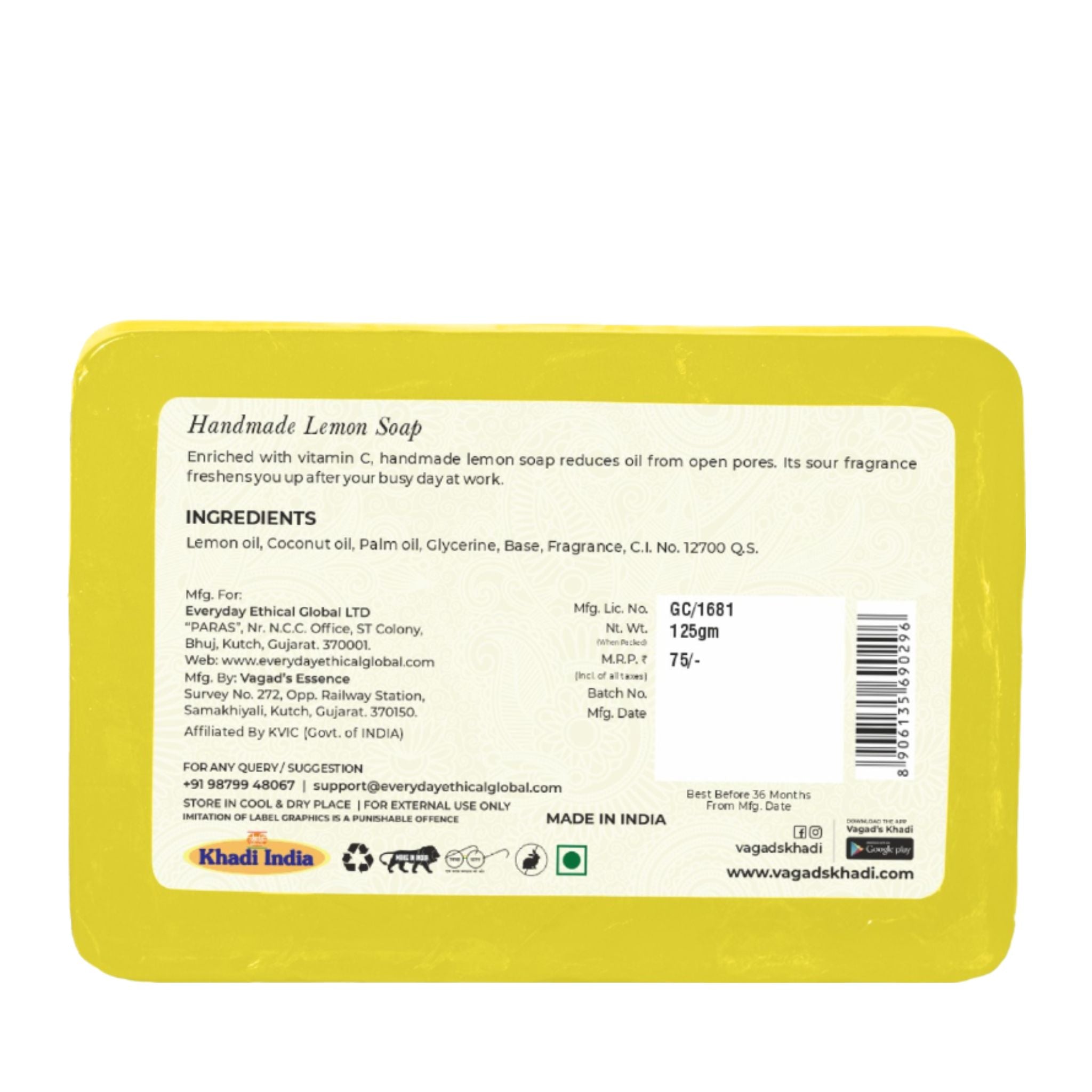 Khadi Lemon Soap 125g - Bhavnagar Deodap