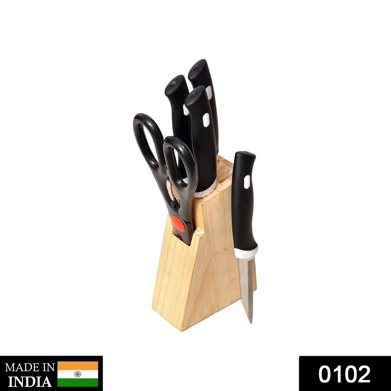 Kitchen Knife Set with Wooden Block and Scissors (5 pcs, Black) - Bhavnagar Deodap