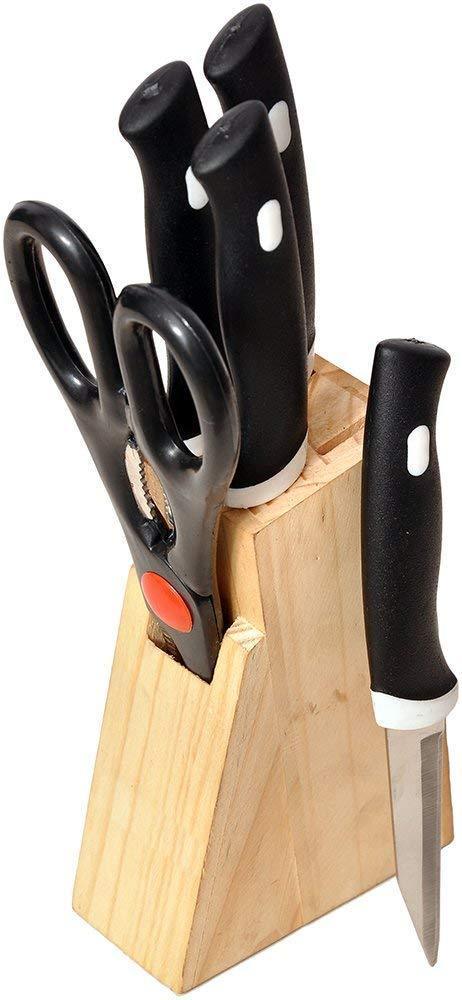 Kitchen Knife Set with Wooden Block and Scissors (5 pcs, Black) - Bhavnagar Deodap