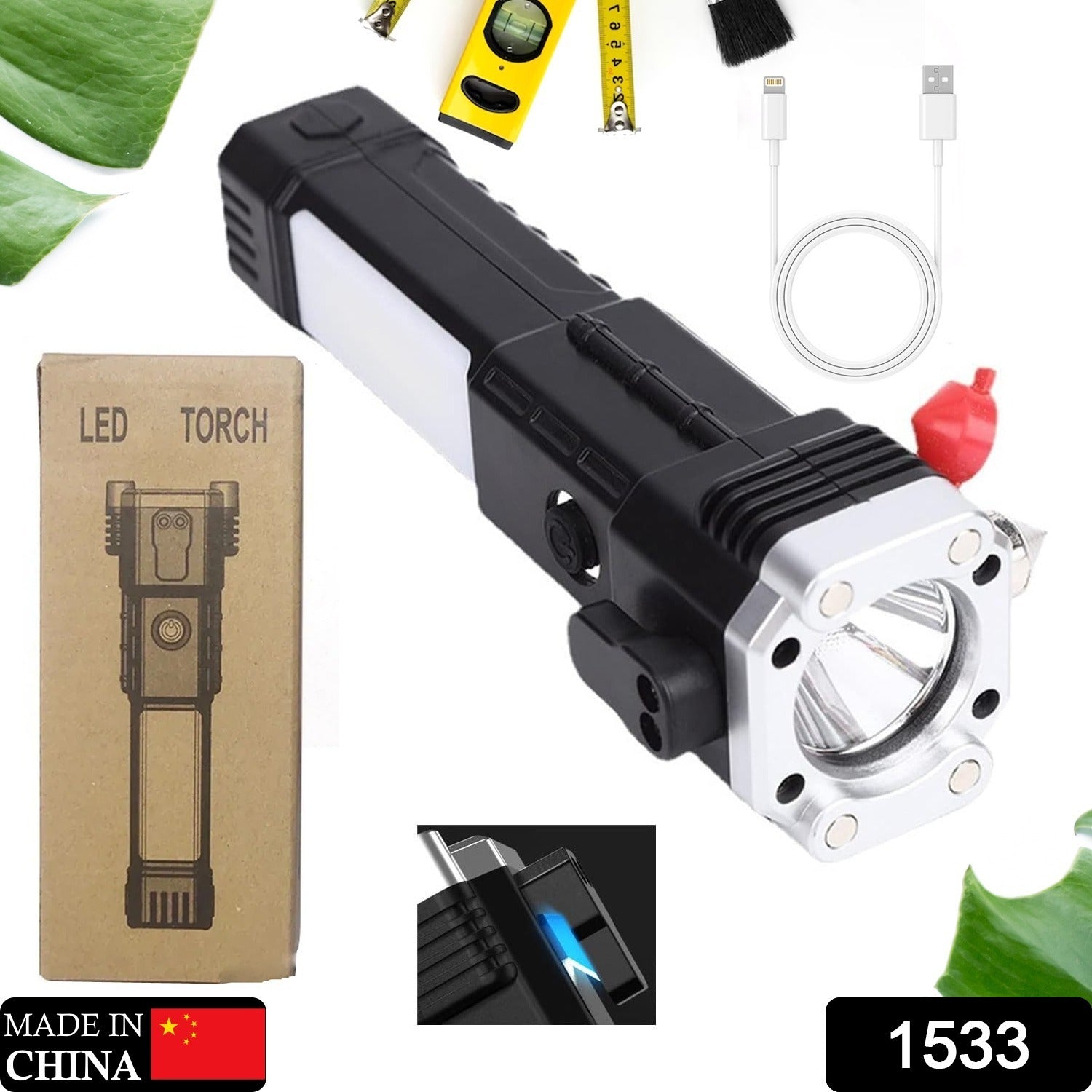 Portable 3w Rechargeable Torch LED Flashlight Long Distance Beam Range, Hammer and Strong Magnets, Window Glass and Seat Belt Cutter 4 Modes for Car Camping Hiking Indoor Outdoor - Bhavnagar Deodap