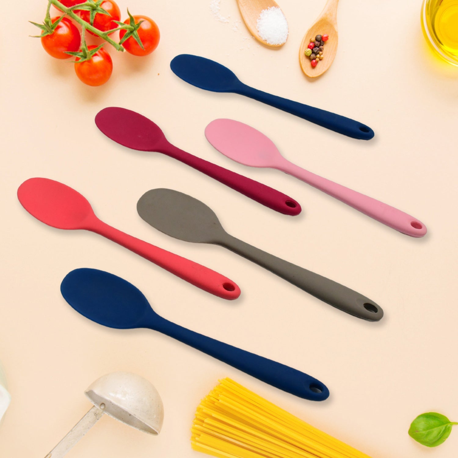 Multipurpose Silicone Spoon, Silicone Basting Spoon Non-Stick Kitchen Utensils Household Gadgets Heat-Resistant Non Stick Spoons Kitchen Cookware Items For Cooking and Baking (6 Pcs Set) - Bhavnagar Deodap