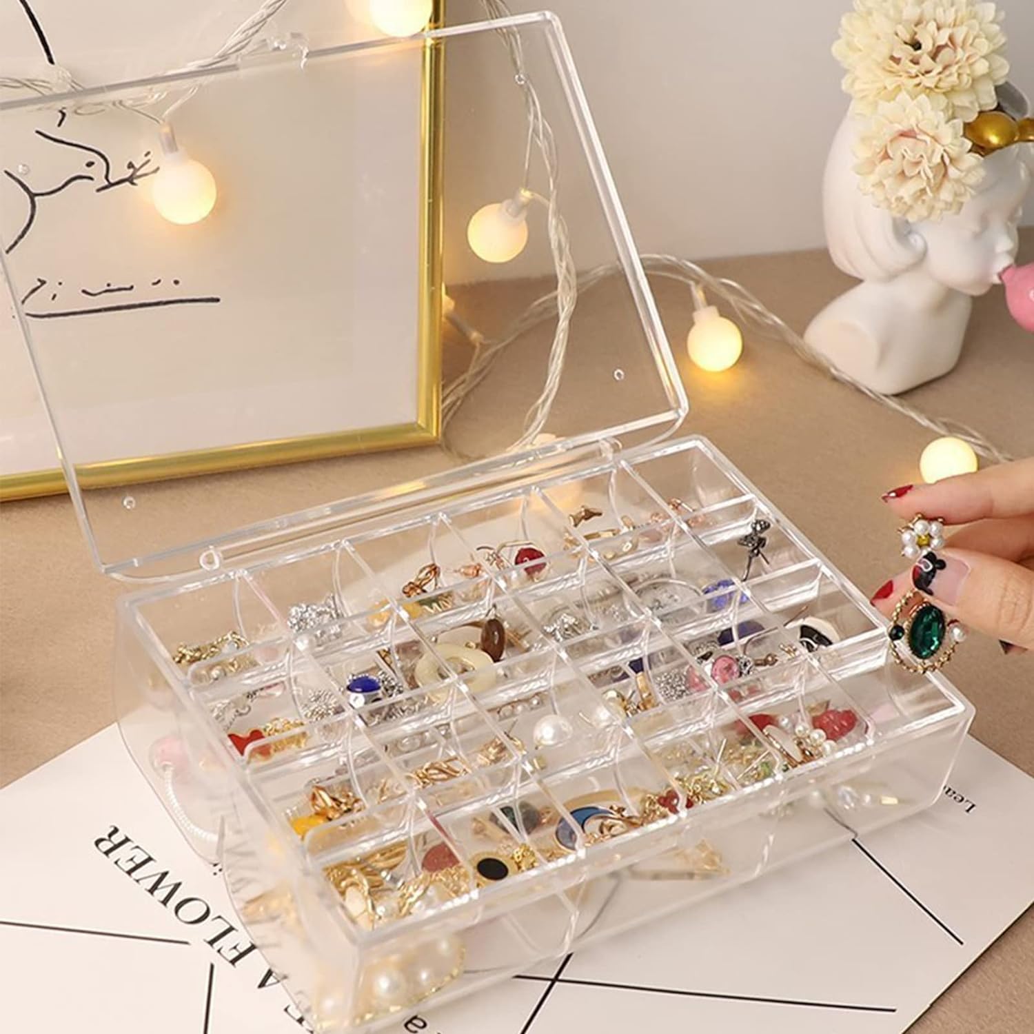 2 layer Acrylic Jewelry Storage Box Dustproof Earring Box, Storage Box Portable Nail Art Storage Case, 24-Grid Small and 6-Grid Big case Makeup Vanity Box (1 Pc / 30 Compartment) - Bhavnagar Deodap