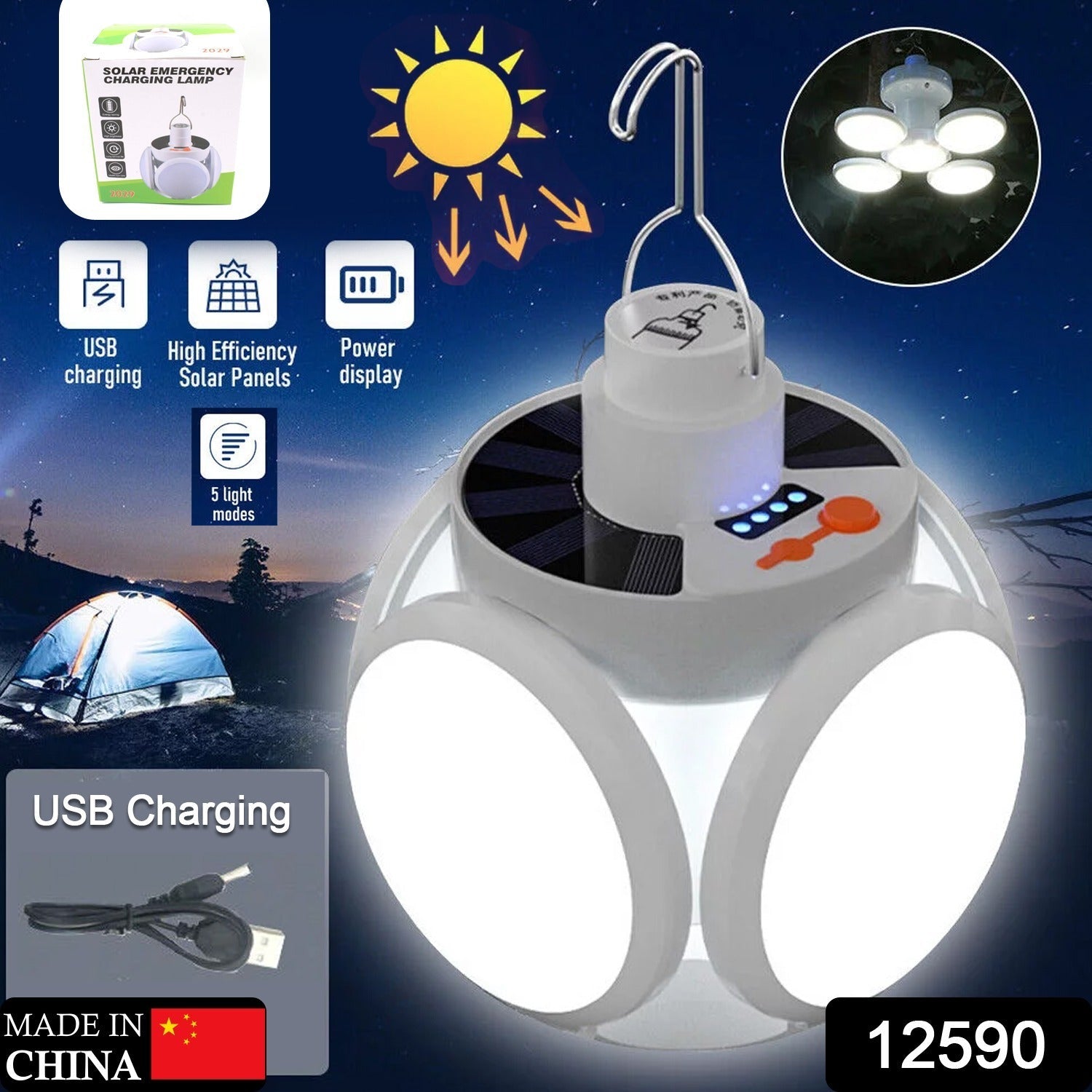 Solar Multi-Functional Emergency LED Light Bulb with USB Charging, LED camping lamp, camping lamp, USB rechargeable, 5 brightness light modes, foldable camping light, SOS IP65 waterproof camping light, blackout emergency equipment, camping gadgets - Bhavnagar Deodap