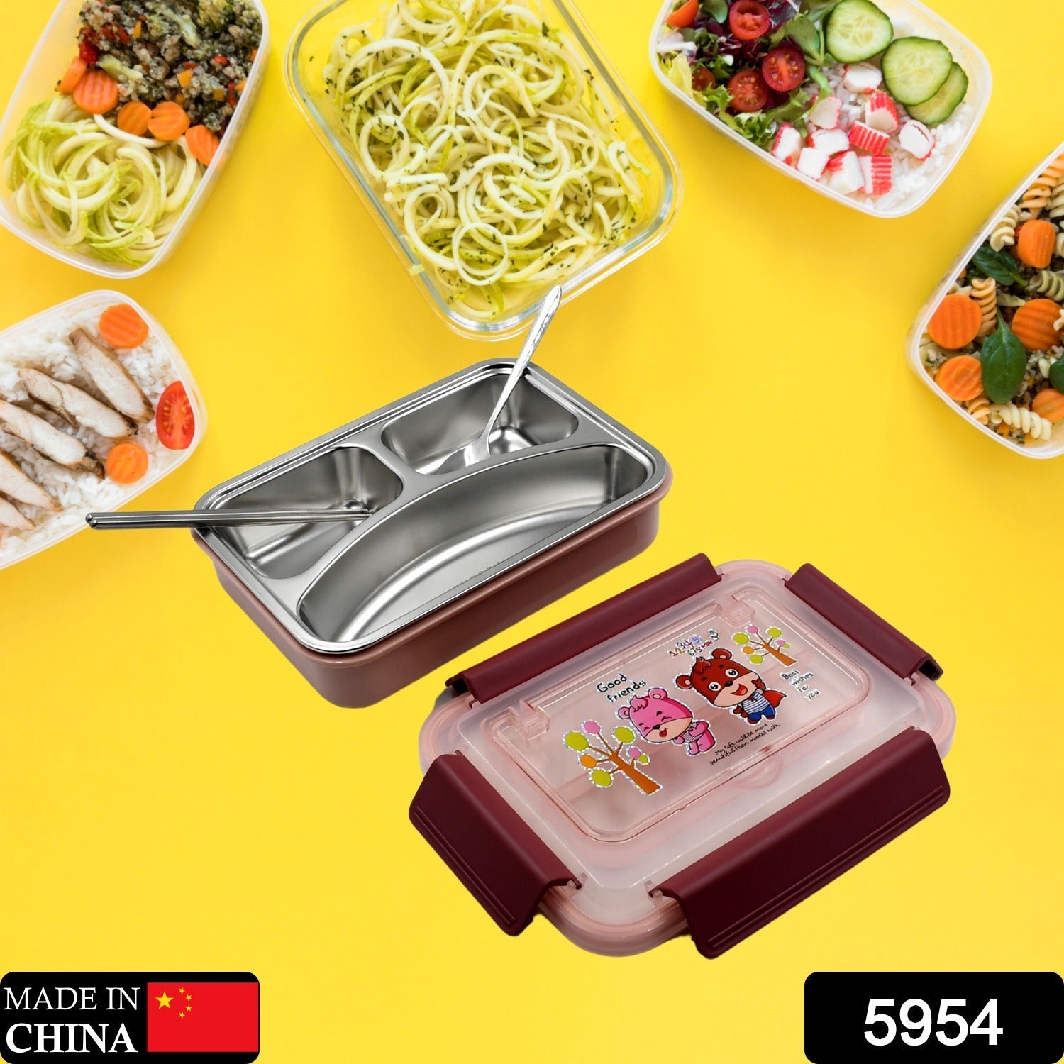 Food‑Safe Materials Kids Lunch Box With steel  Spoon & chopsticks Compartment is Designed Made of 304 Stainless Steel Easy to Clean for School for Camping for Work for Home, Office - Bhavnagar Deodap