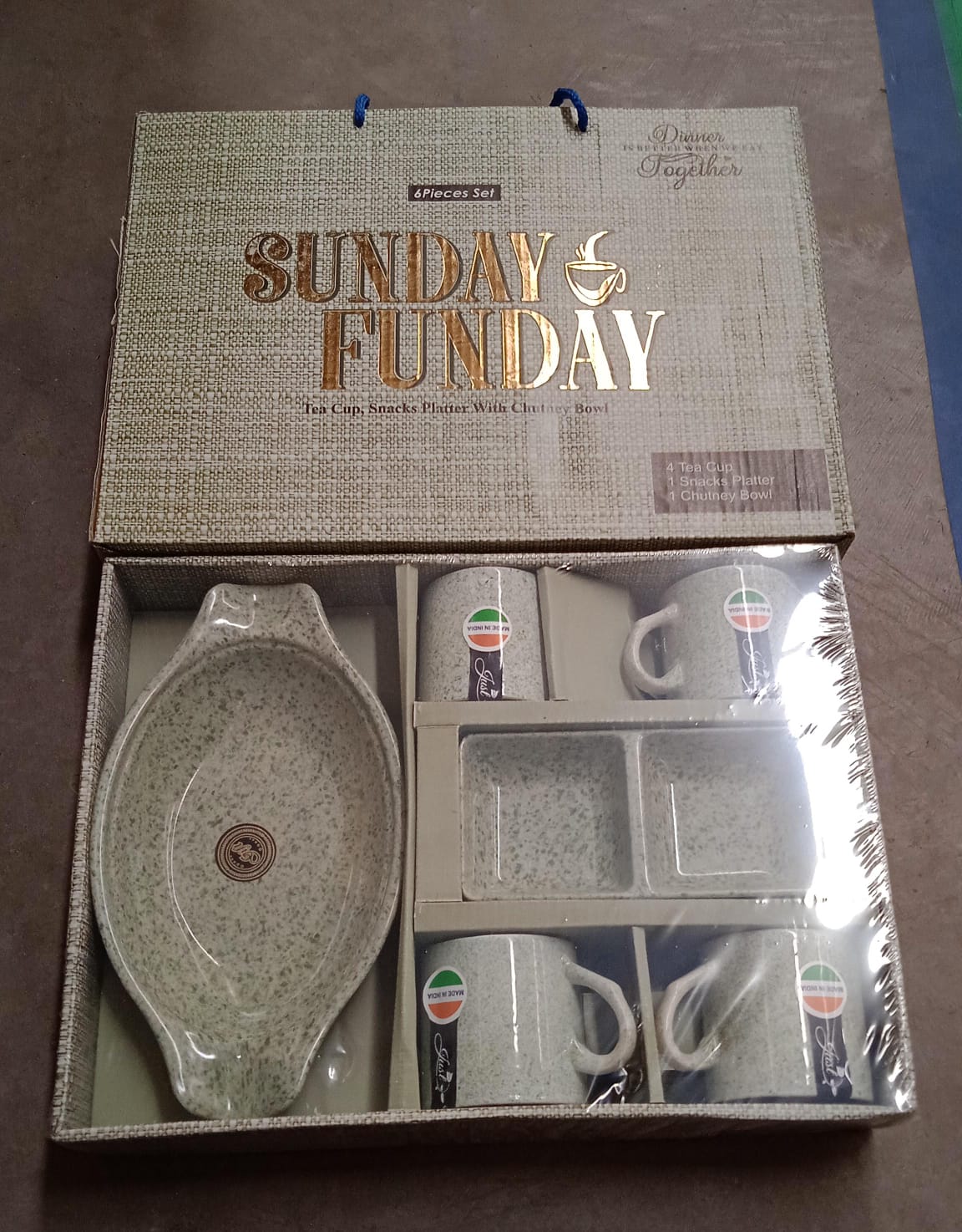 Sunday Funday Ceramic Tea / cups / Mug With Plastic Snacks Platter and 2 compartment Chutney Bowl Milk Cup, Coffee Cup, Breakfast Cup, Drinking Mug or Outdoor for Household, Gift for Birthday, Wedding Party (6 Pcs set) - Bhavnagar Deodap